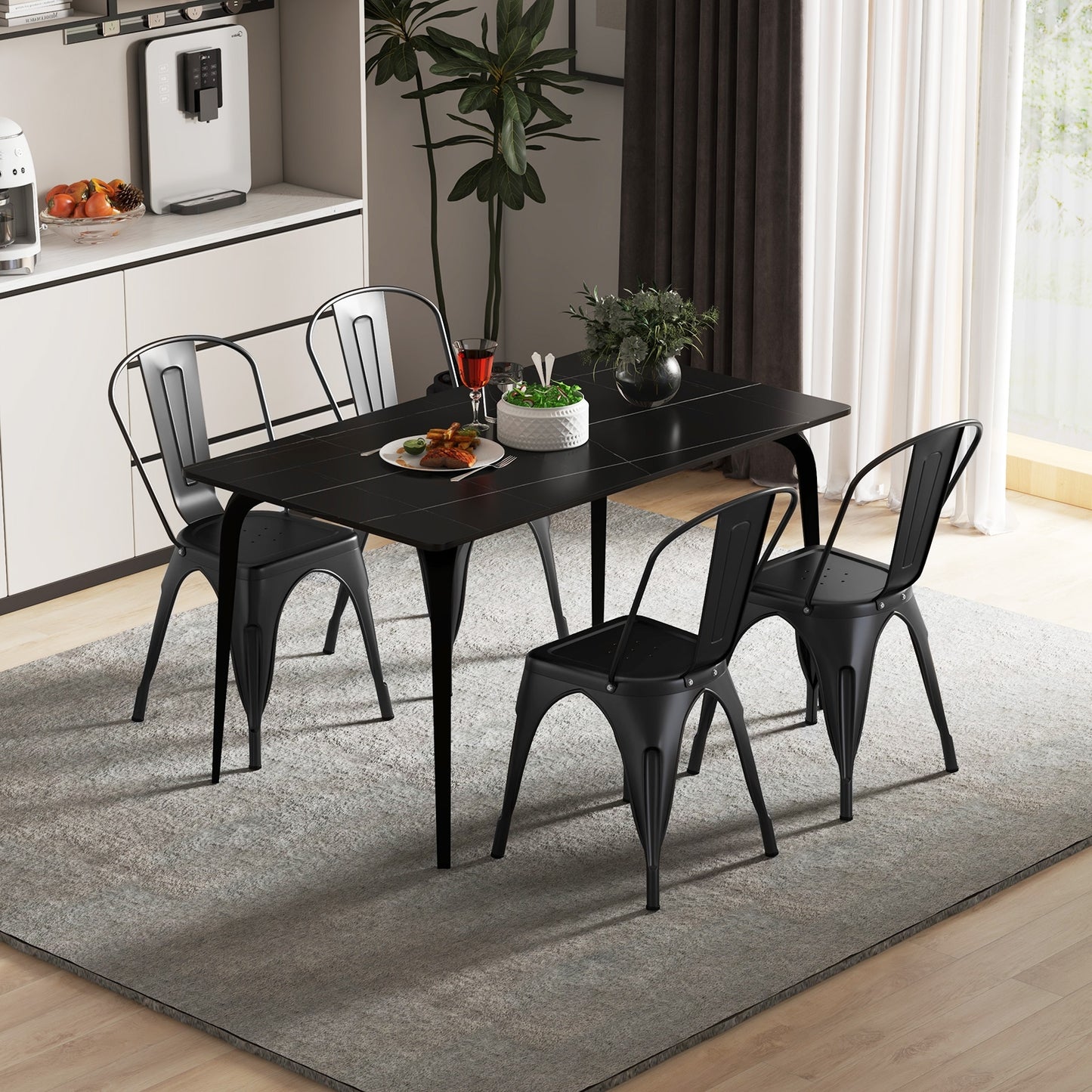 Set of 4 Metal Dining Chairs with Removable Backrest Ergonomic Side Chairs in Black Finish