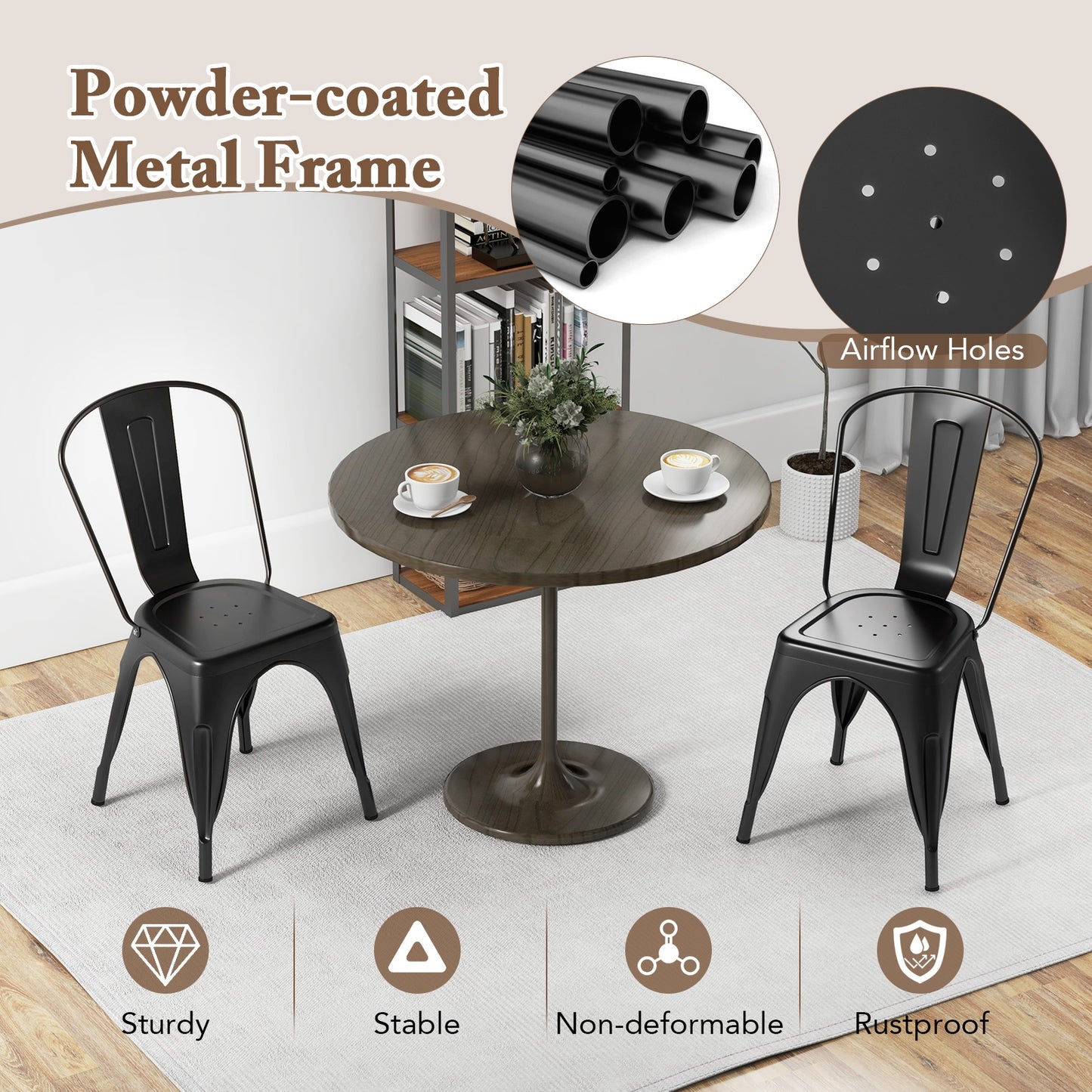Set of 4 Metal Dining Chairs with Removable Backrest Ergonomic Side Chairs in Black Finish