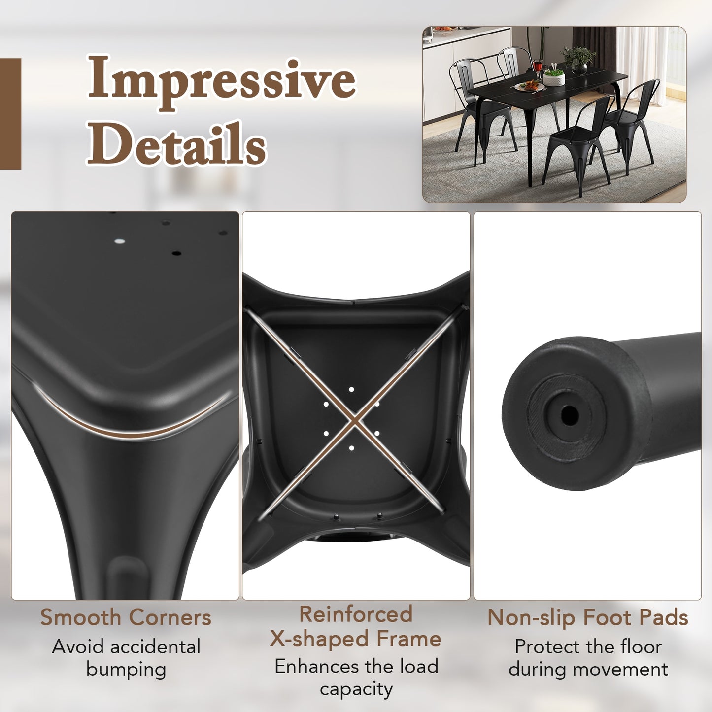 Set of 4 Metal Dining Chairs with Removable Backrest Ergonomic Side Chairs in Black Finish