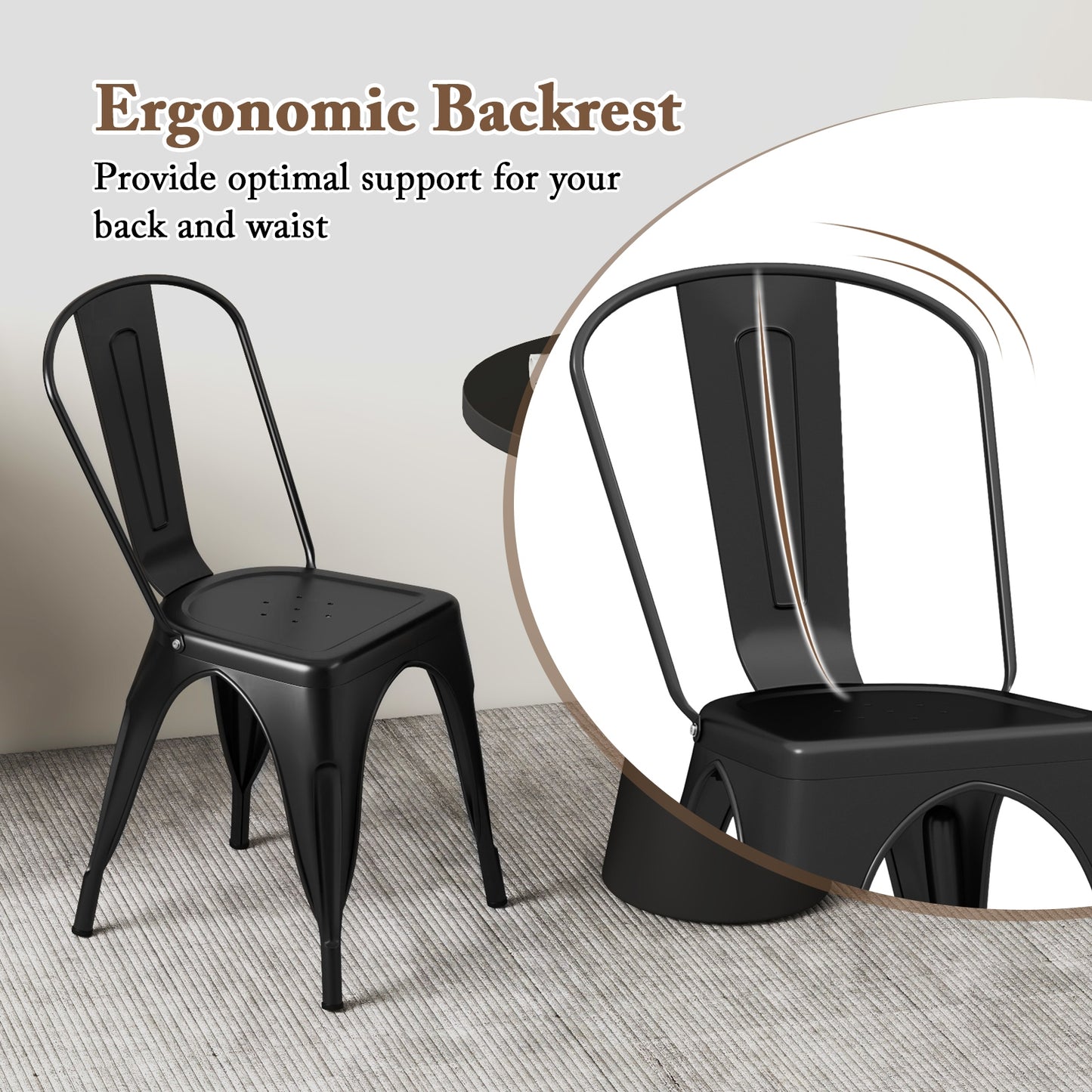 Set of 4 Metal Dining Chairs with Removable Backrest Ergonomic Side Chairs in Black Finish