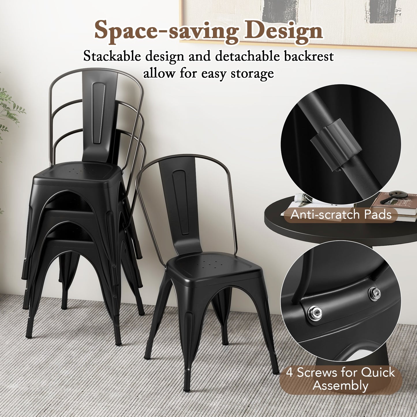 Set of 4 Metal Dining Chairs with Removable Backrest Ergonomic Side Chairs in Black Finish