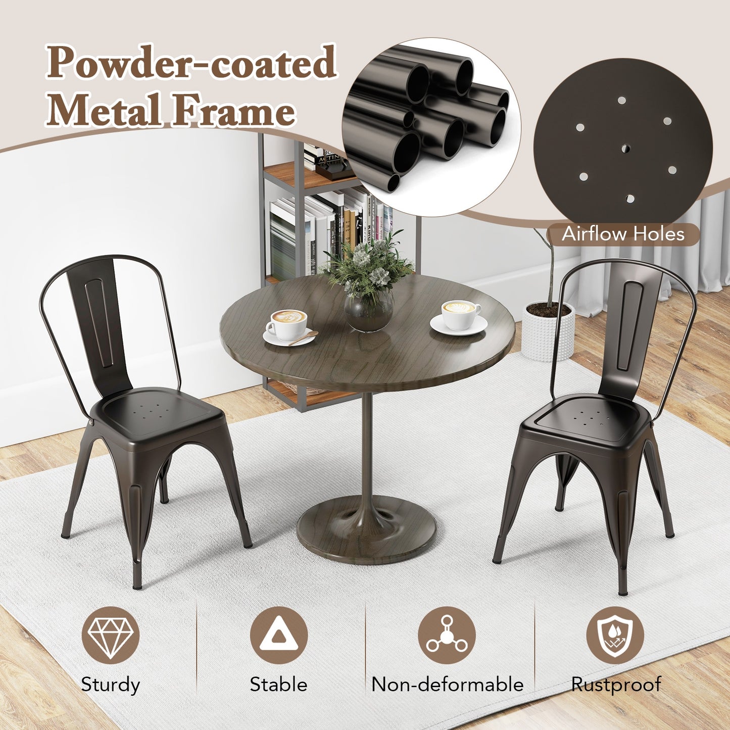 Set of 4 Metal Dining Chairs with Removable Backrest Ergonomic Side Chairs in Gunmetal Finish