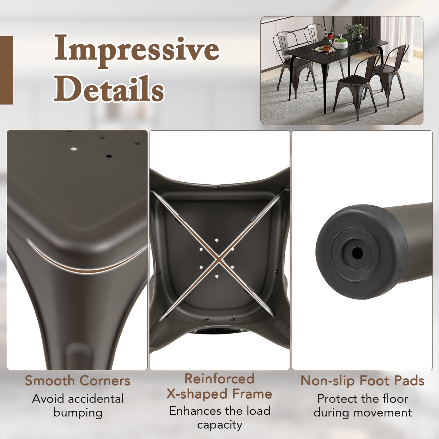 Set of 4 Metal Dining Chairs with Removable Backrest Ergonomic Side Chairs in Gunmetal Finish