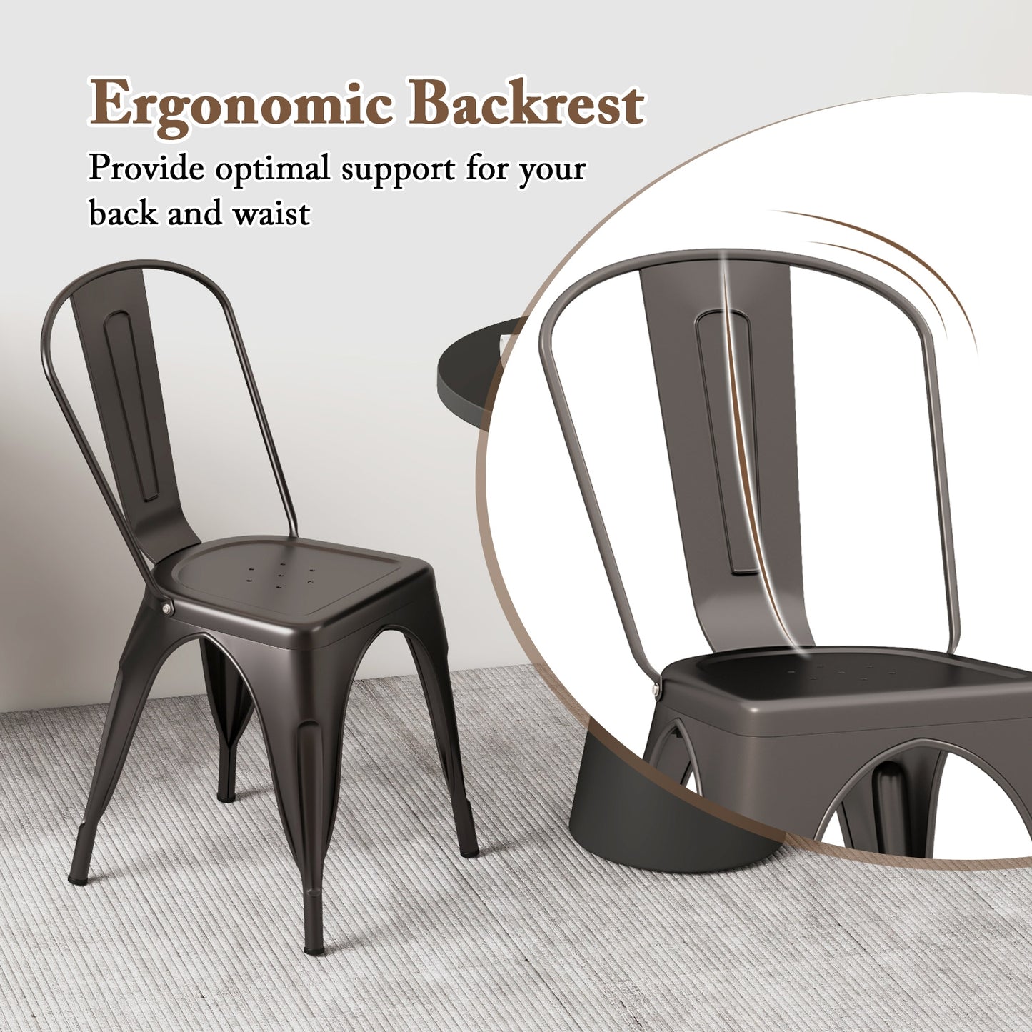 Set of 4 Metal Dining Chairs with Removable Backrest Ergonomic Side Chairs in Gunmetal Finish