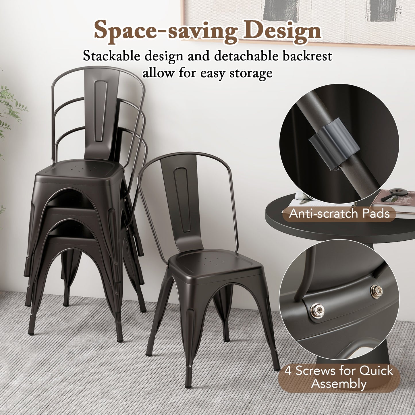 Set of 4 Metal Dining Chairs with Removable Backrest Ergonomic Side Chairs in Gunmetal Finish