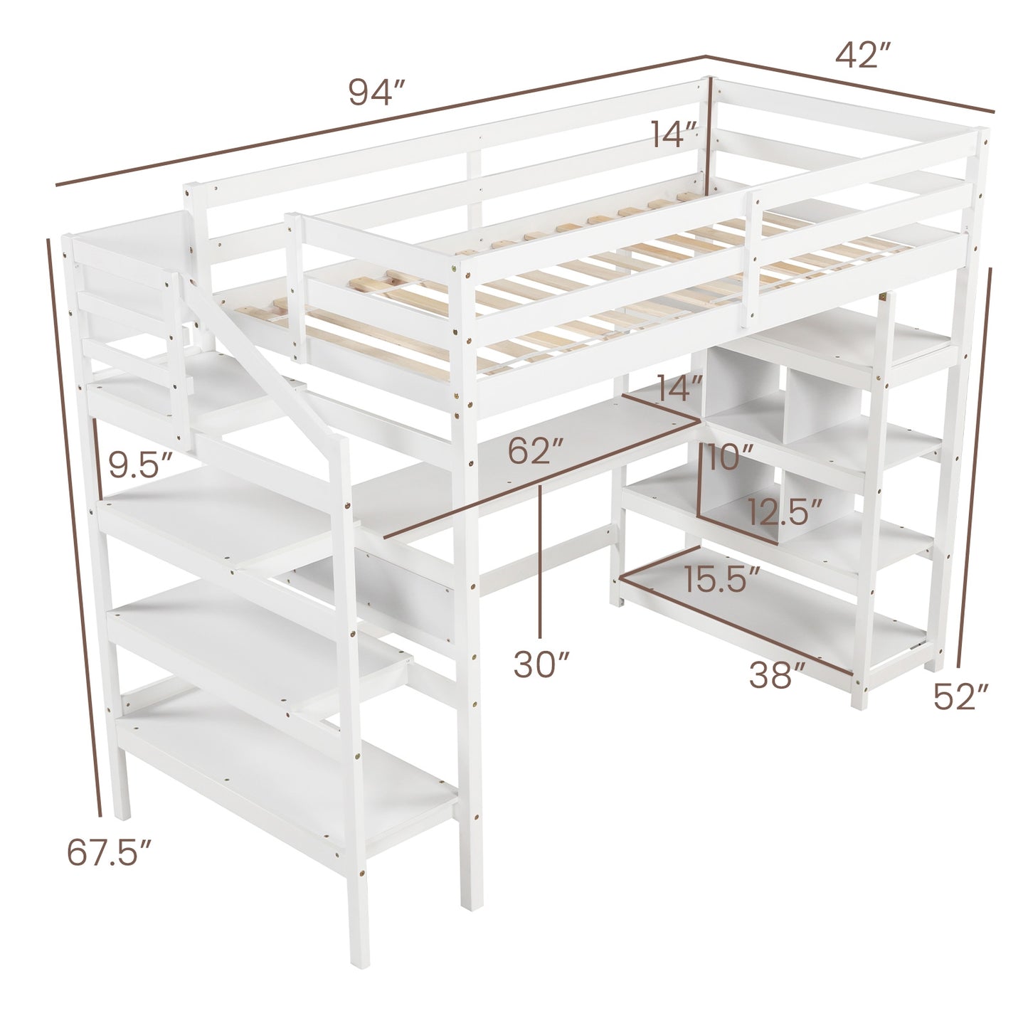 Multifunctional Twin Loft Bed with Desk, Storage Stairs, Shelves, and Safety Guardrails