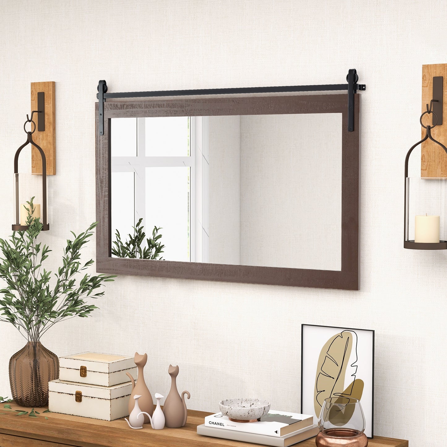 40 x 26 Inch Farmhouse Barn Door Style Wall Mirror with Solid Wood Frame and Metal Bracket - Walnut