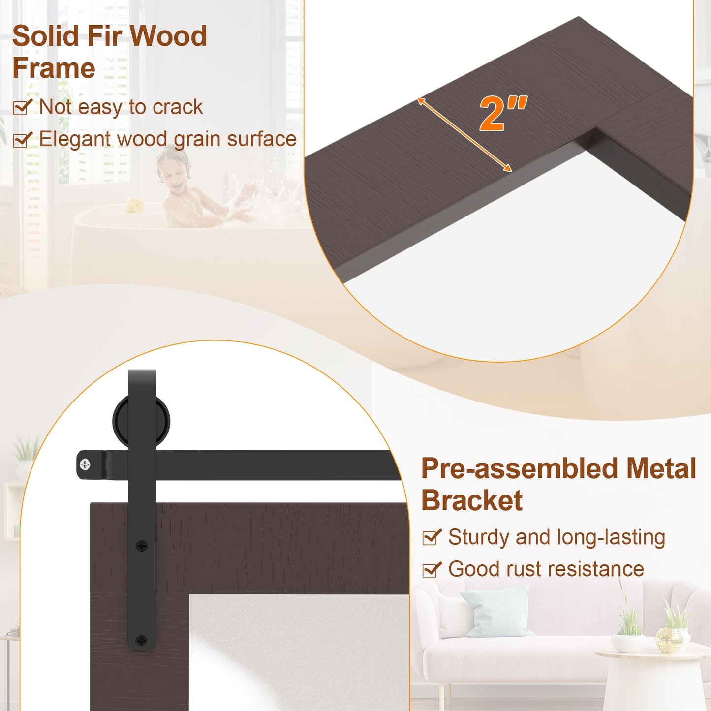 40 x 26 Inch Farmhouse Barn Door Style Wall Mirror with Solid Wood Frame and Metal Bracket - Walnut