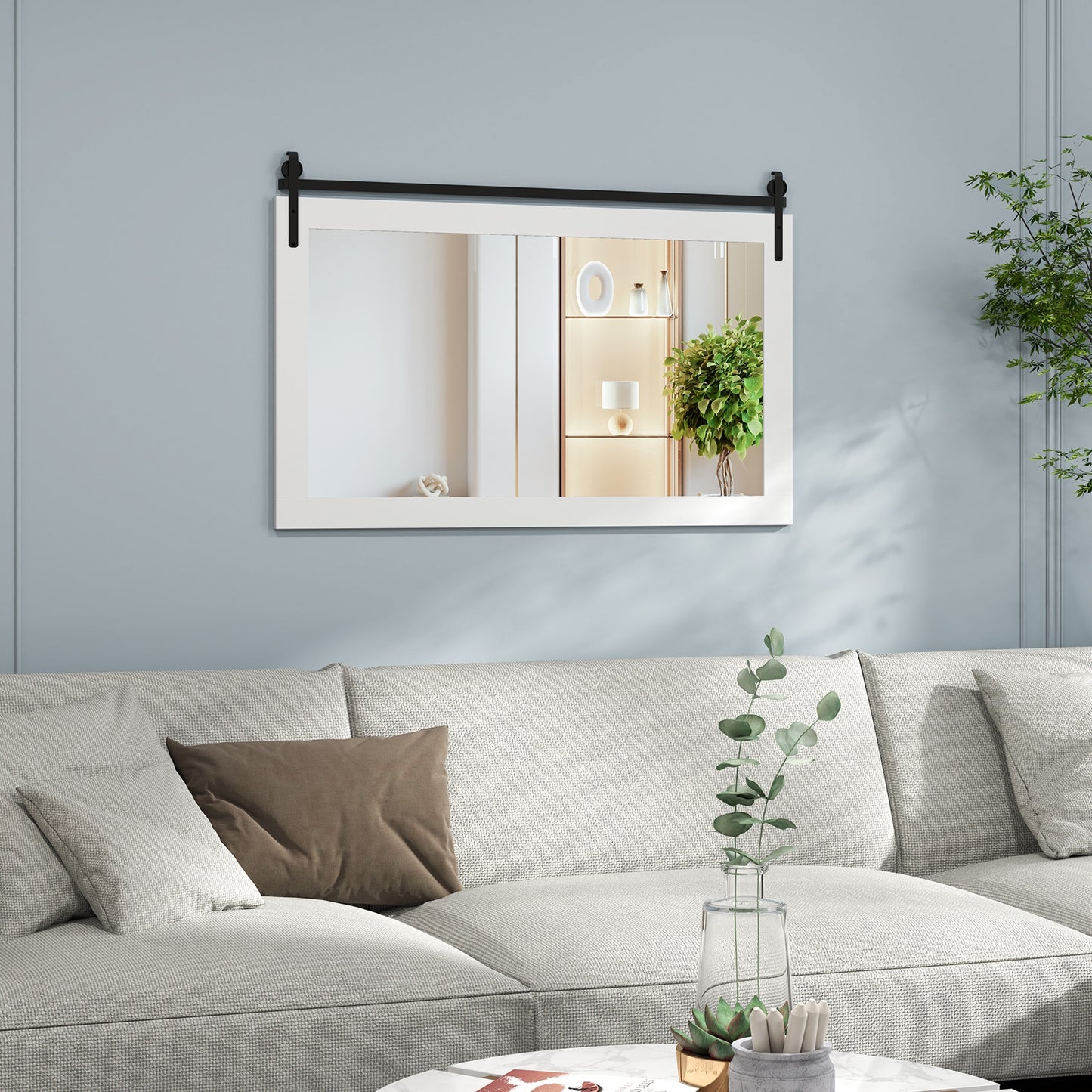 40 x 26 Inch Farmhouse Barn Door Style Wall Mirror with Solid Wood Frame and Metal Bracket - White