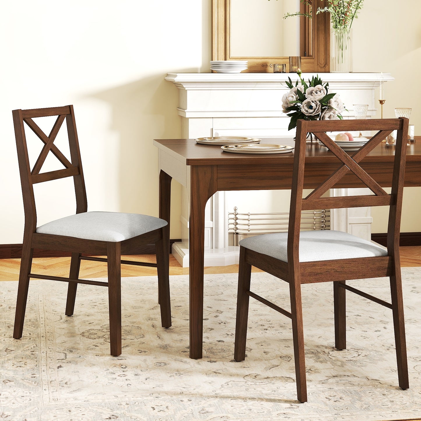 Set of 2 Upholstered Dining Chairs with Rubber Wood Frame in Brown