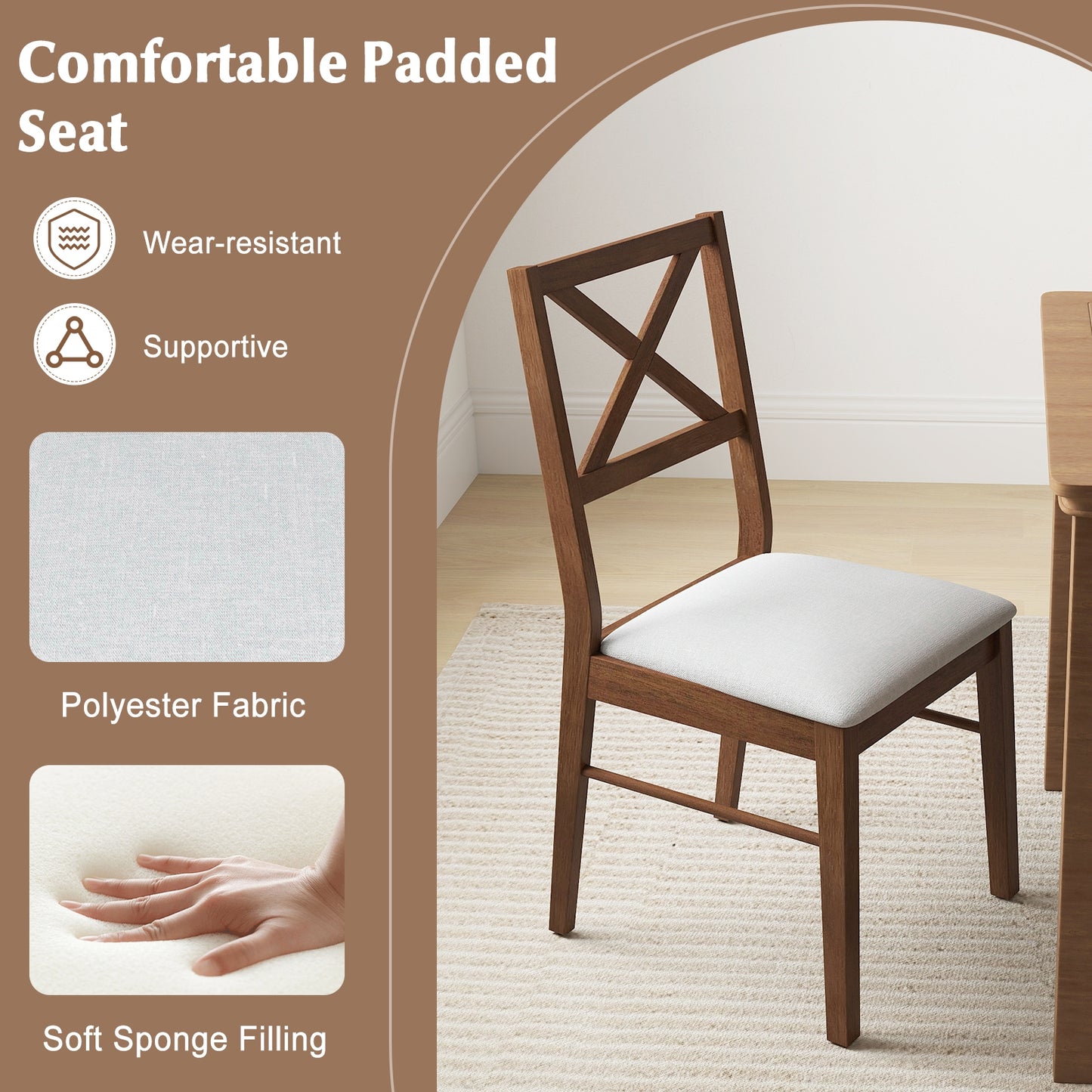 Set of 2 Upholstered Dining Chairs with Rubber Wood Frame in Brown