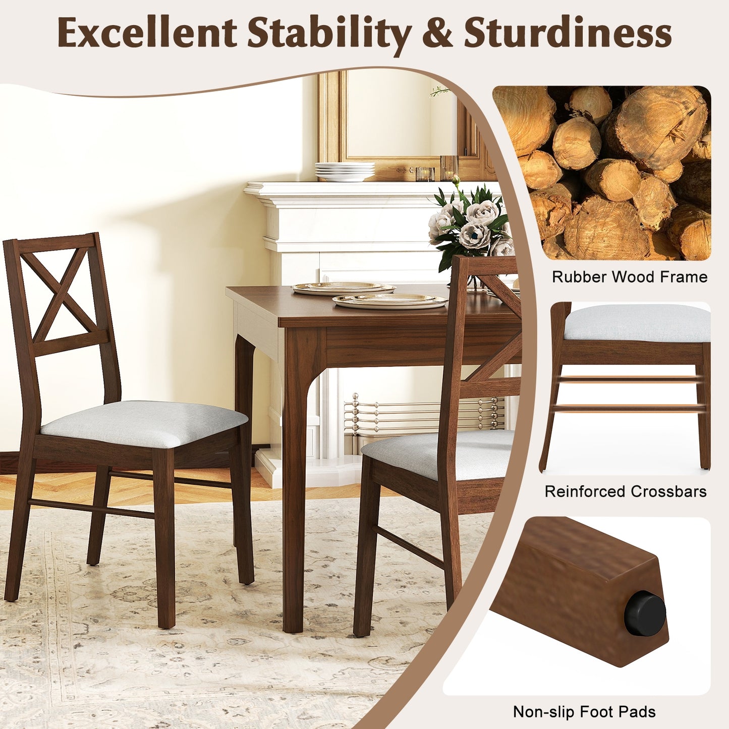 Set of 2 Upholstered Dining Chairs with Rubber Wood Frame in Brown
