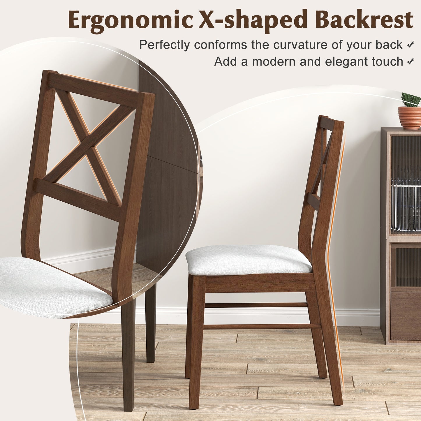 Set of 2 Upholstered Dining Chairs with Rubber Wood Frame in Brown