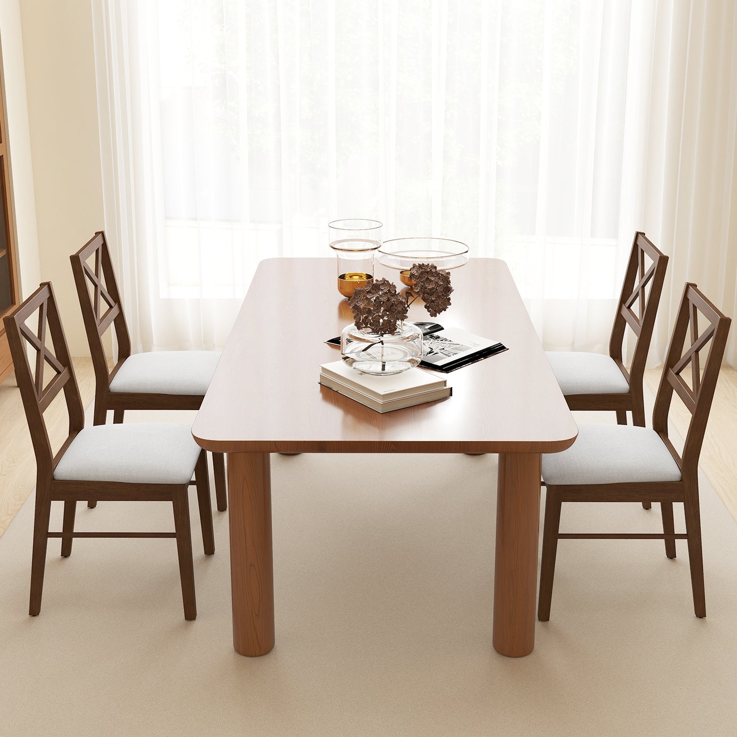 Set of 2 Upholstered Dining Chairs with Rubber Wood Frame in Brown