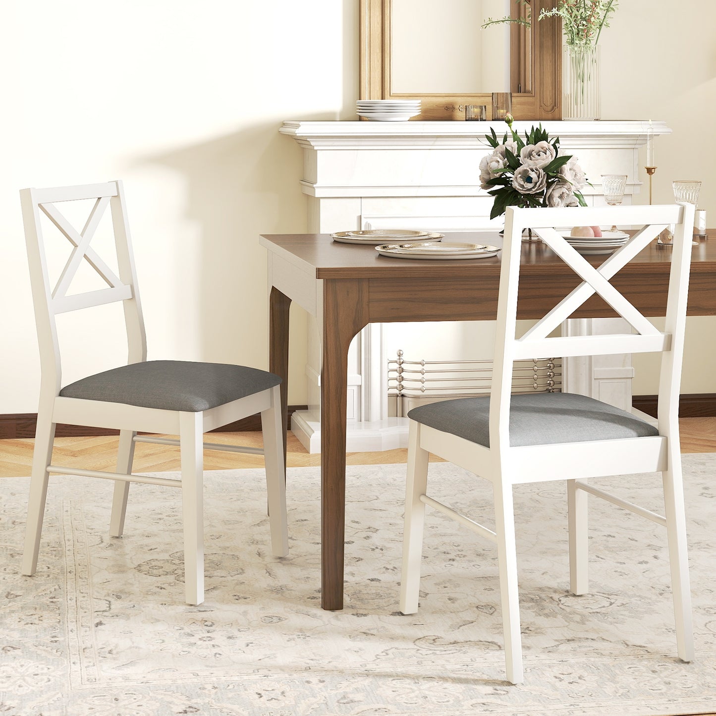 Set of 2 Upholstered Dining Chairs with Rubber Wood Frame in White