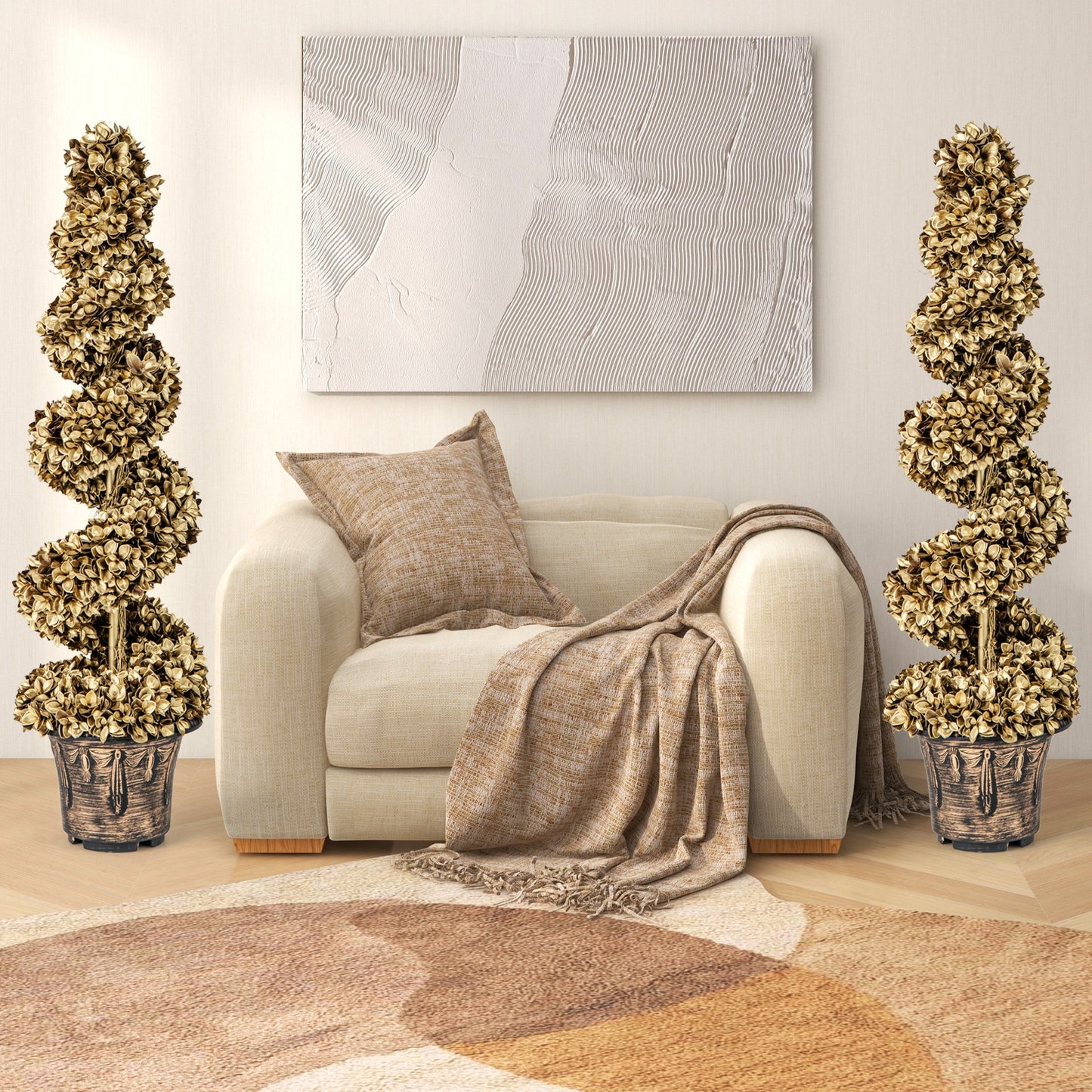 Set of 2 4ft Artificial Spiral Topiary Trees with Vintage Cement Base Pots