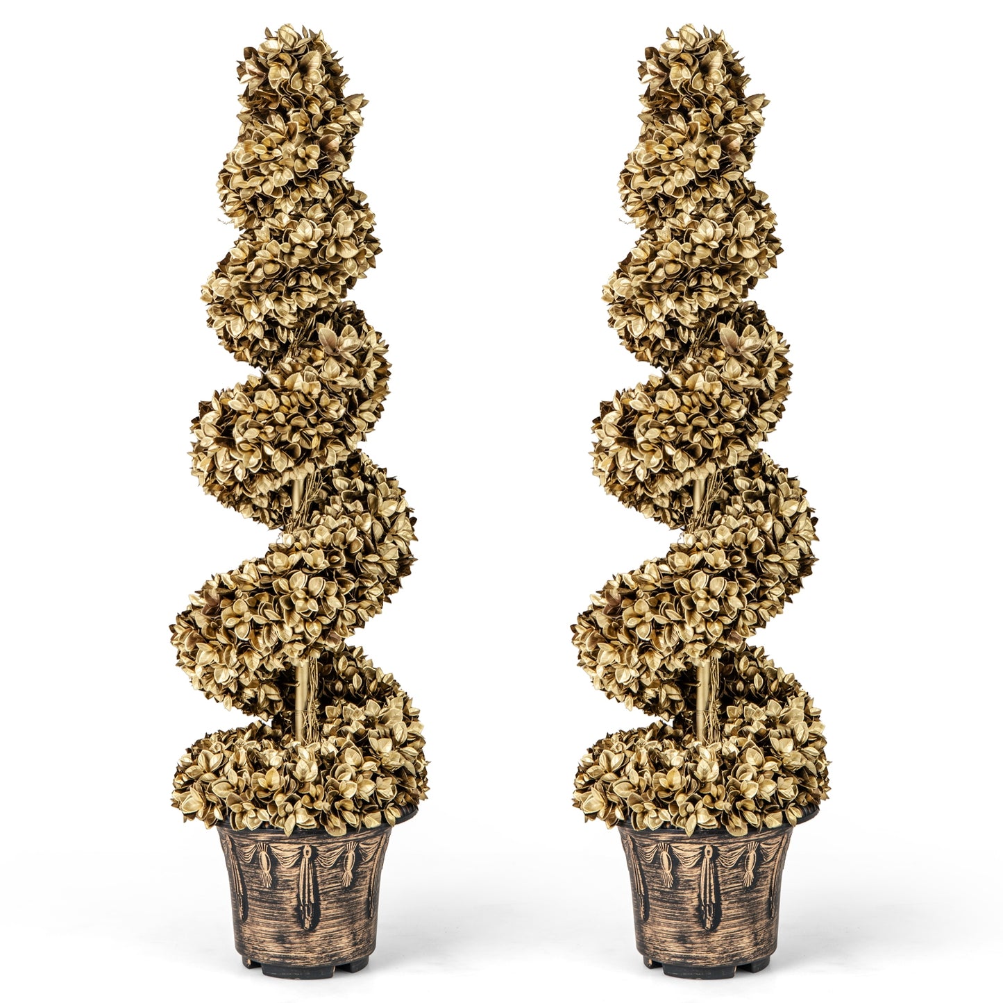 Set of 2 4ft Artificial Spiral Topiary Trees with Vintage Cement Base Pots