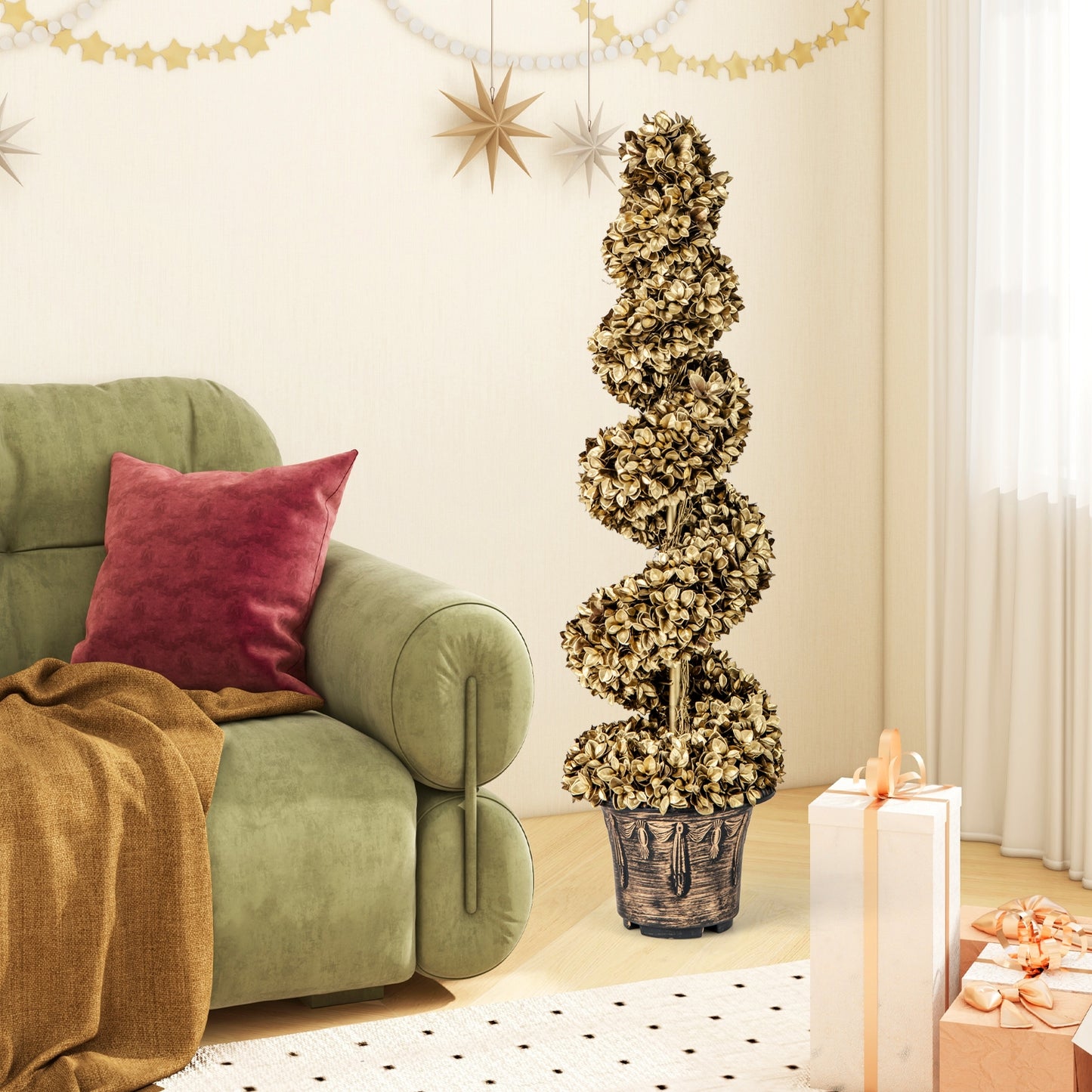 Set of 2 4ft Artificial Spiral Topiary Trees with Vintage Cement Base Pots