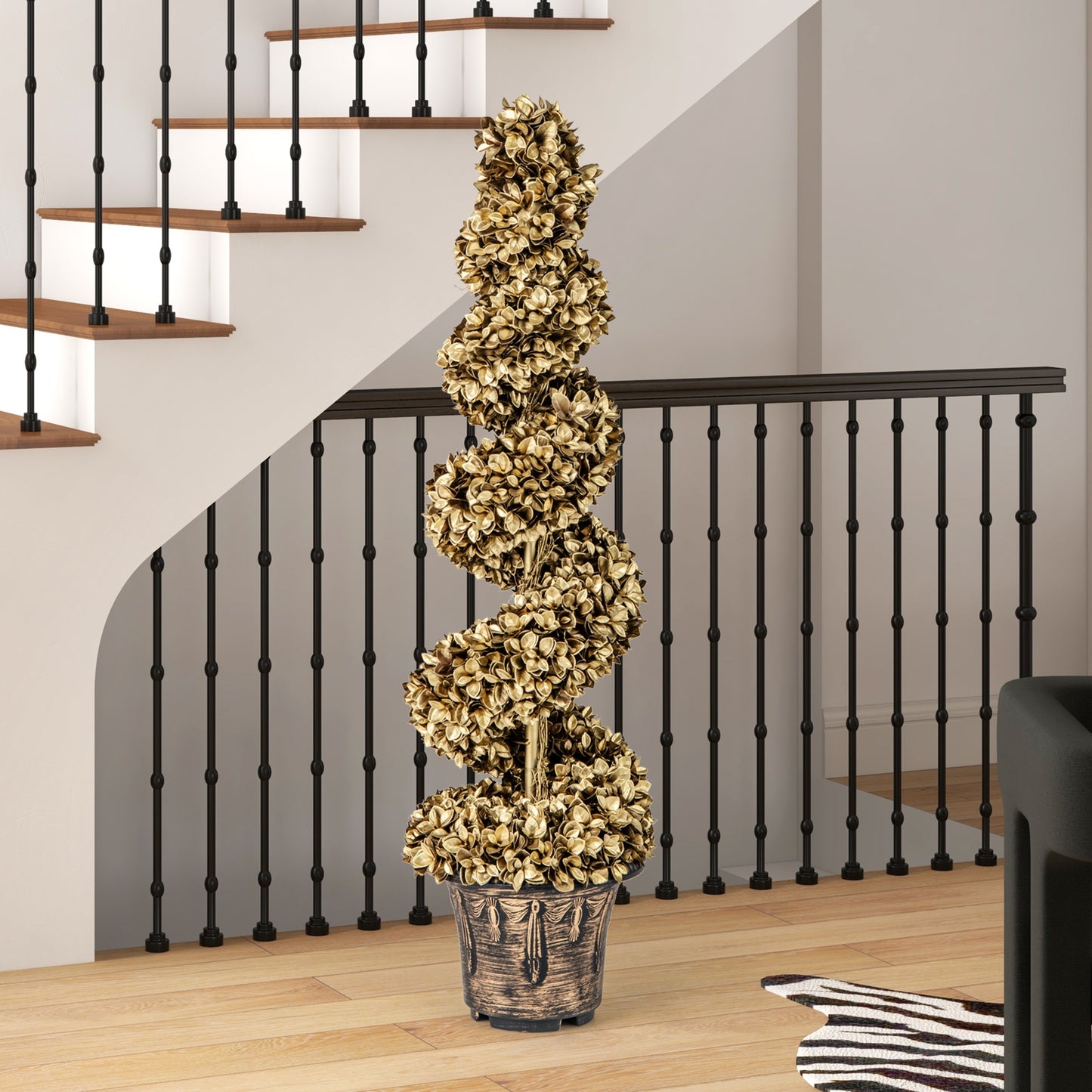 Set of 2 4ft Artificial Spiral Topiary Trees with Vintage Cement Base Pots