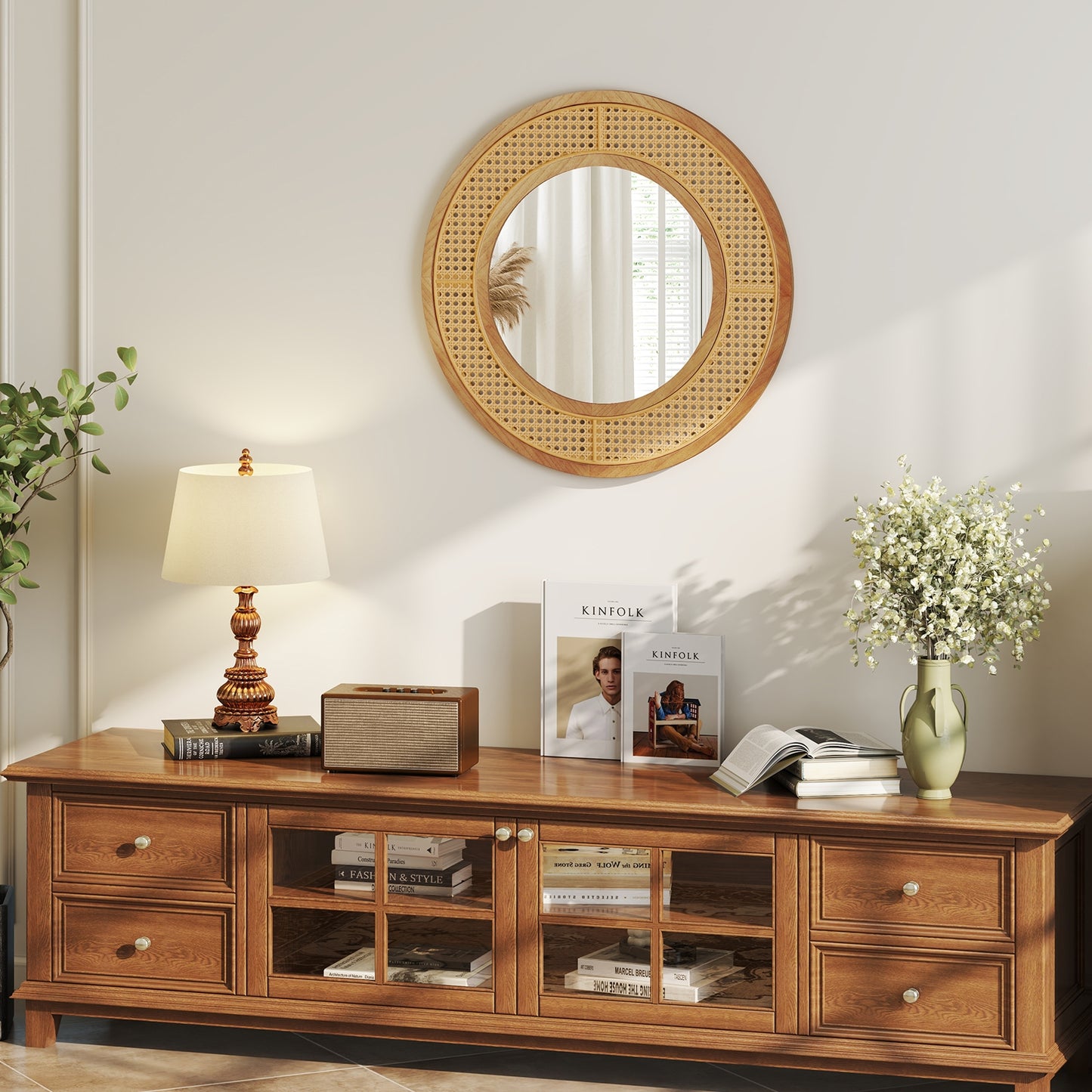 25.5 Inch Boho Round Wall Mirror with Rattan Frame for Home Décor