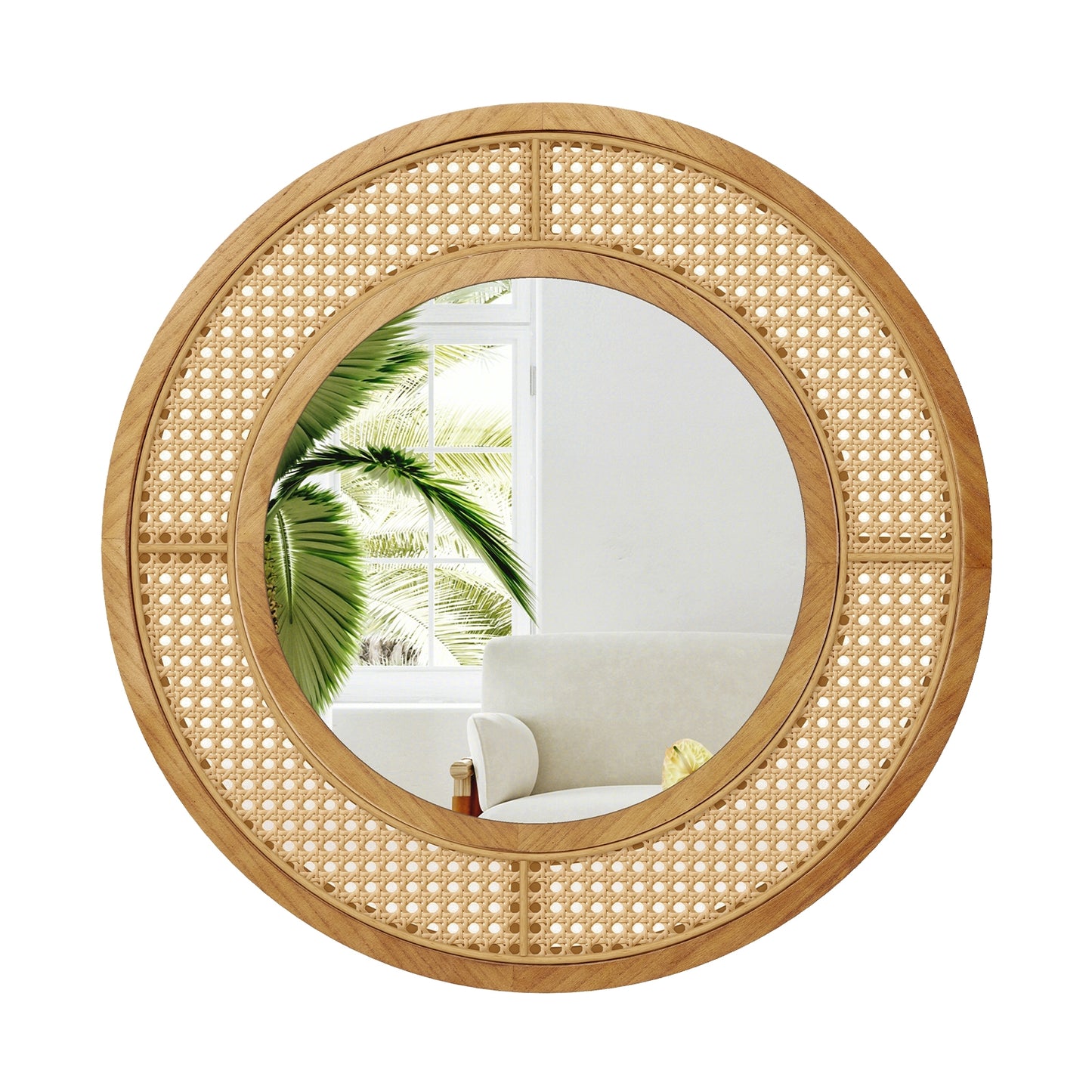 25.5 Inch Boho Round Wall Mirror with Rattan Frame for Home Décor