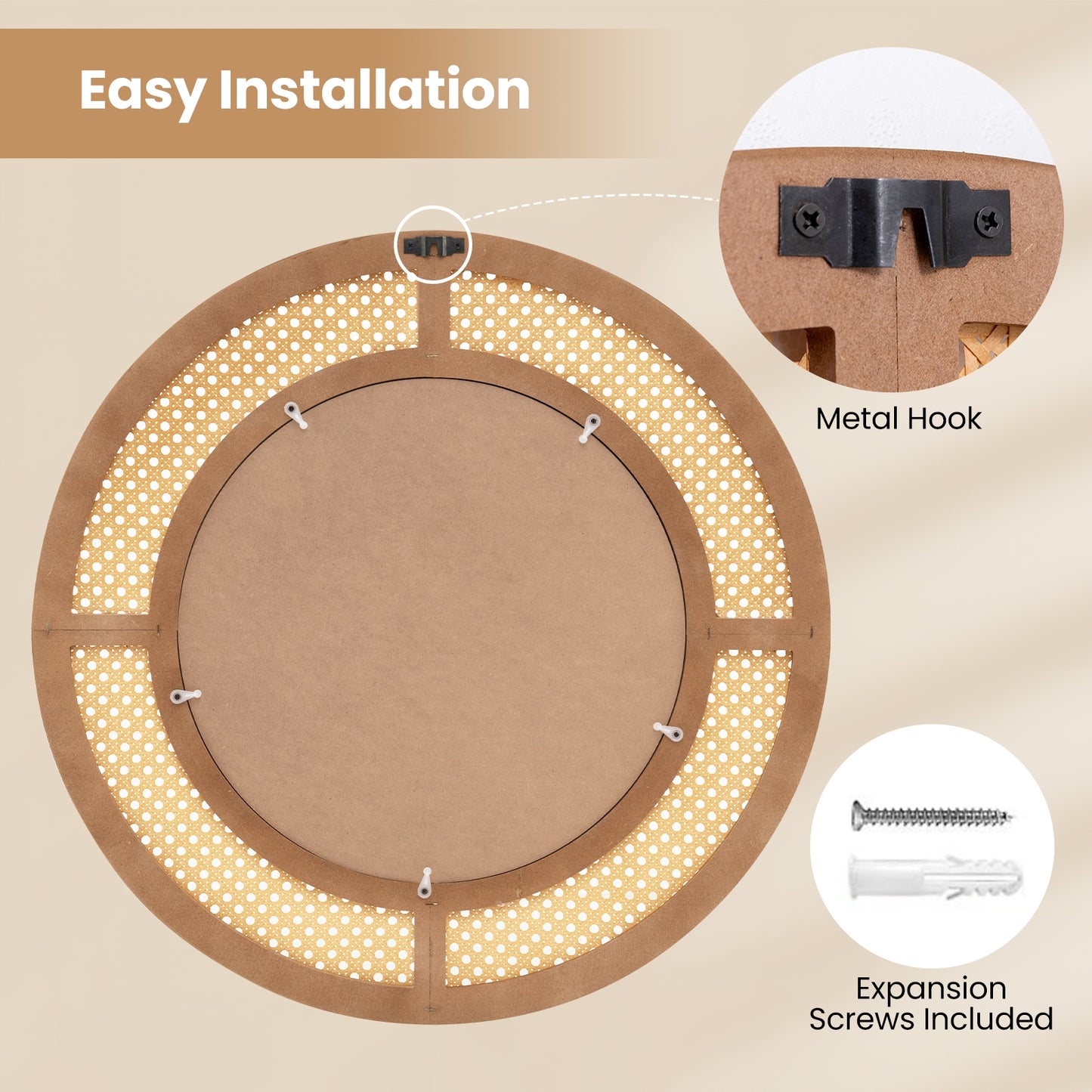 25.5 Inch Boho Round Wall Mirror with Rattan Frame for Home Décor