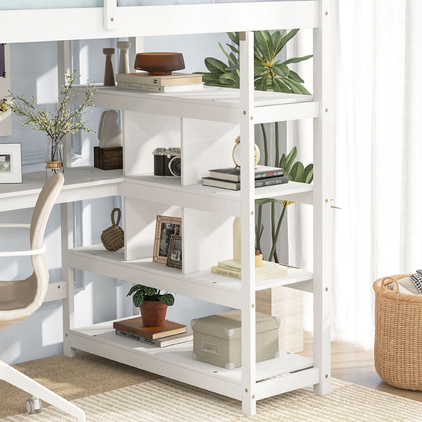 Multifunctional Twin Loft Bed with Desk, Storage Stairs, Shelves, and Safety Guardrails