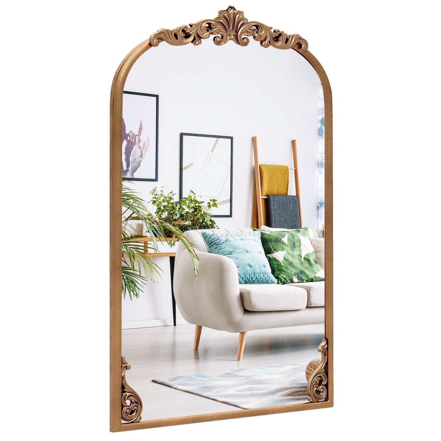Vintage Gold Arched Baroque Mirror with Ornate Metal Frame – Traditional Wall Décor