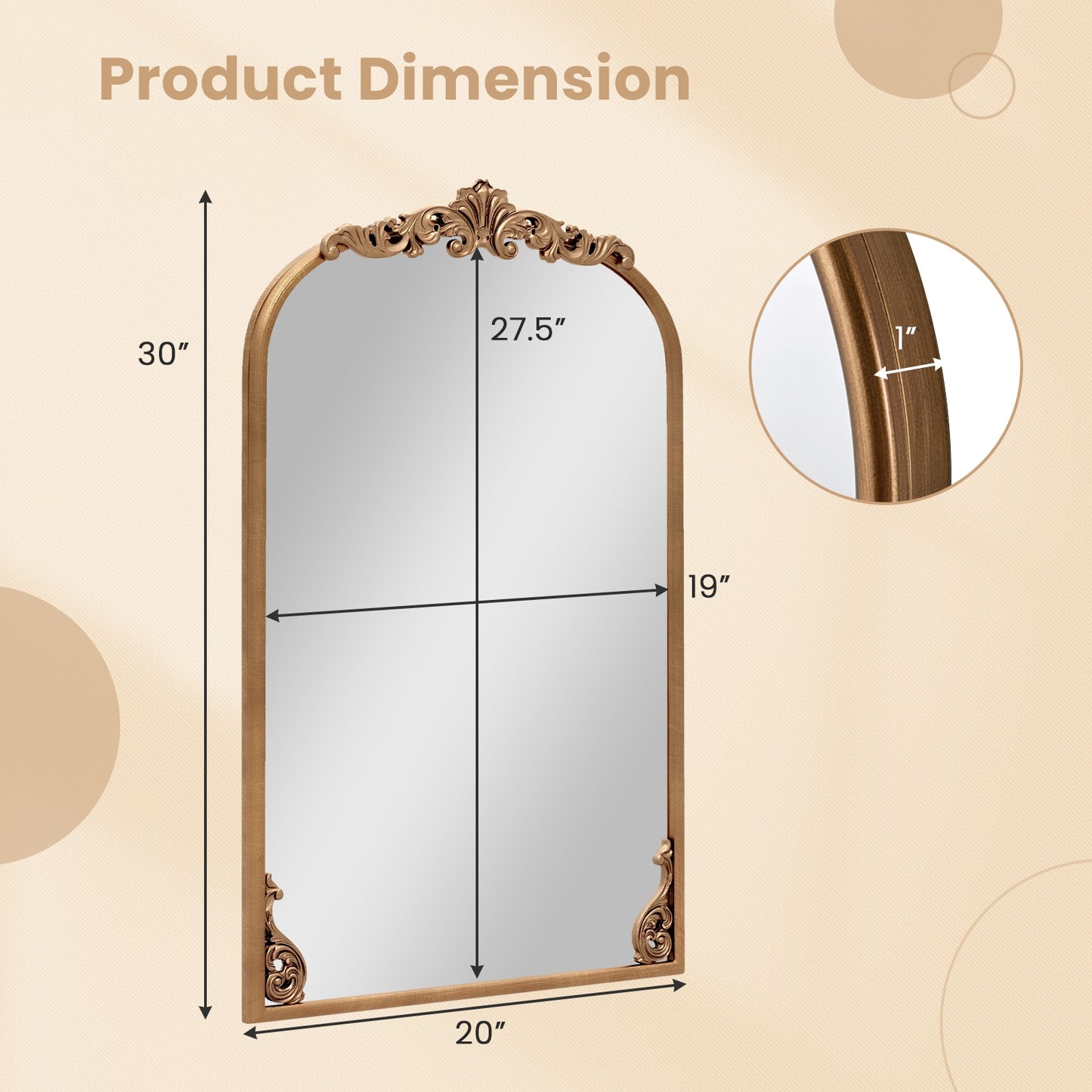 Vintage Gold Arched Baroque Mirror with Ornate Metal Frame – Traditional Wall Décor