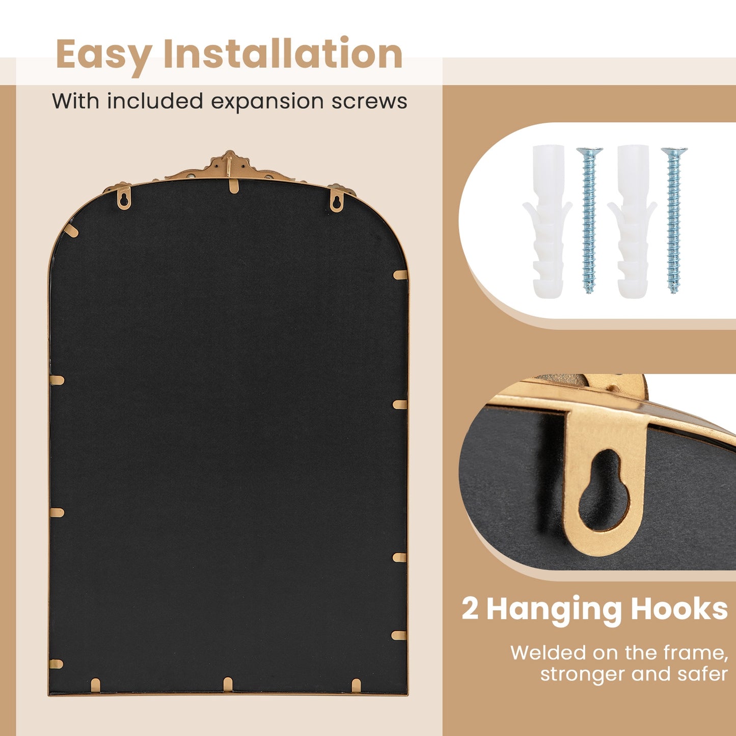 Vintage Gold Arched Baroque Mirror with Ornate Metal Frame – Traditional Wall Décor