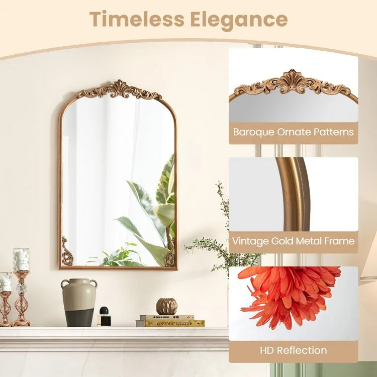 Vintage Gold Arched Baroque Mirror with Ornate Metal Frame – Traditional Wall Décor