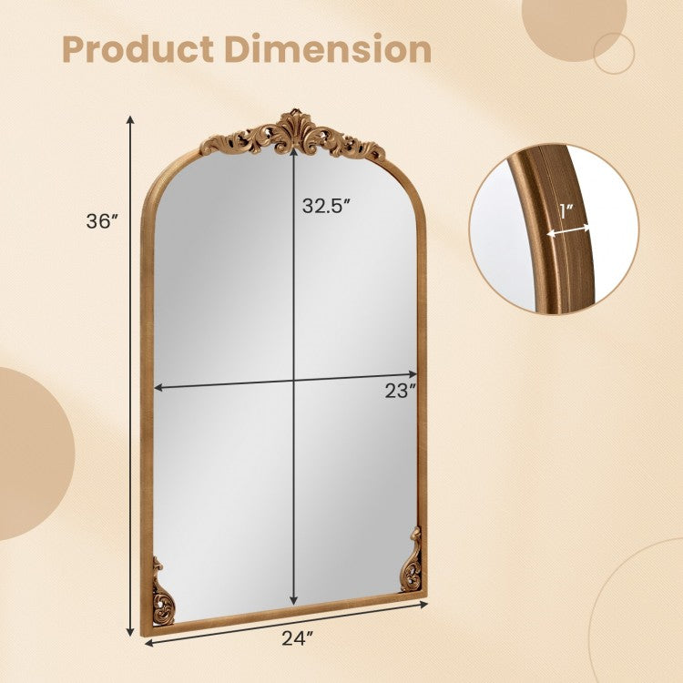 Vintage Gold Arched Baroque Mirror with Ornate Metal Frame – Traditional Wall Décor