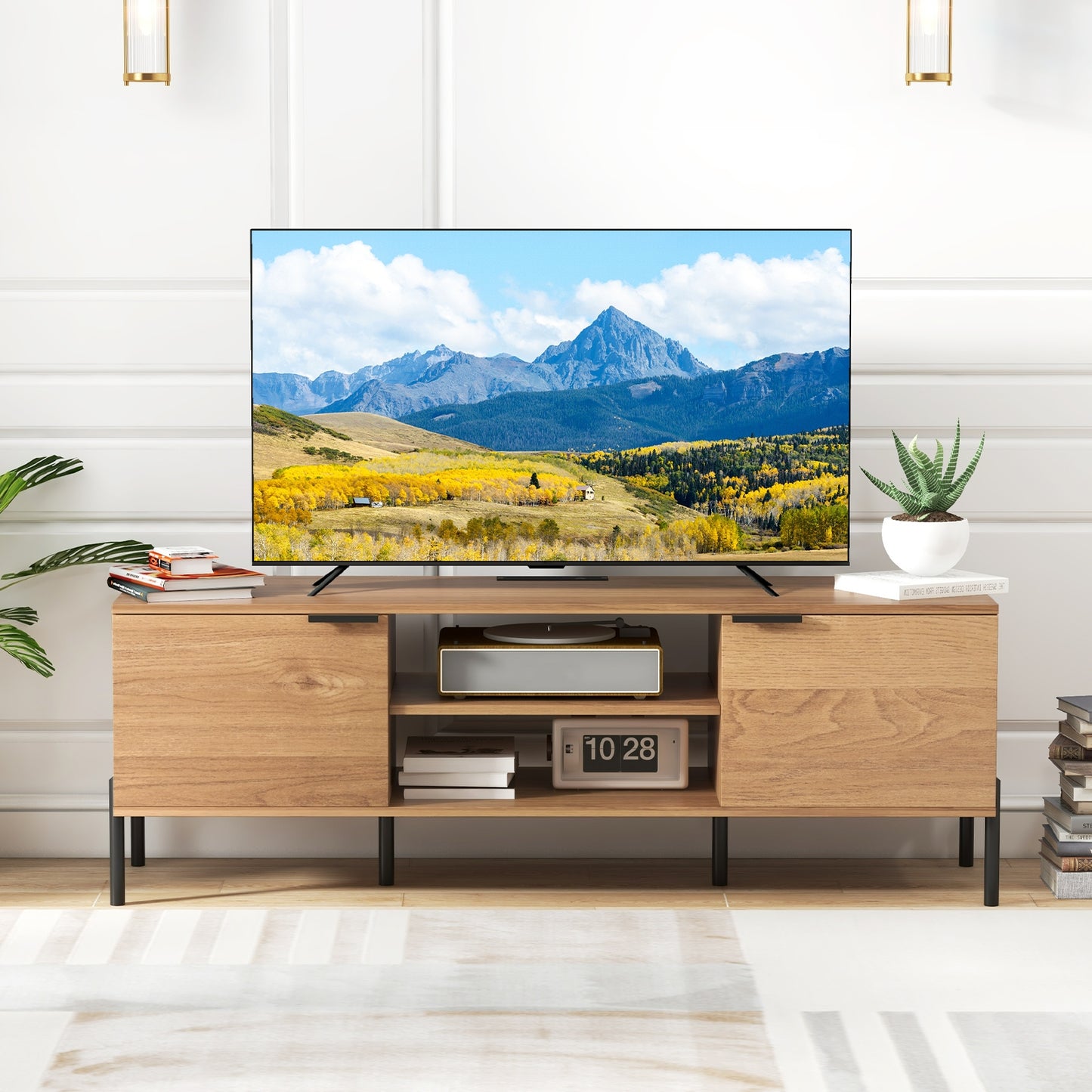 Contemporary Media Console with Power Outlets, Cabinets, and Open Shelving for 65 Inch TVs
