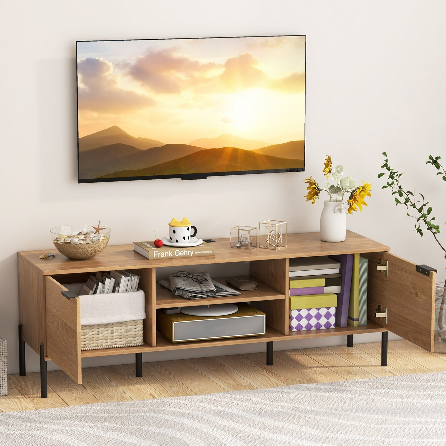 Contemporary Media Console with Power Outlets, Cabinets, and Open Shelving for 65 Inch TVs