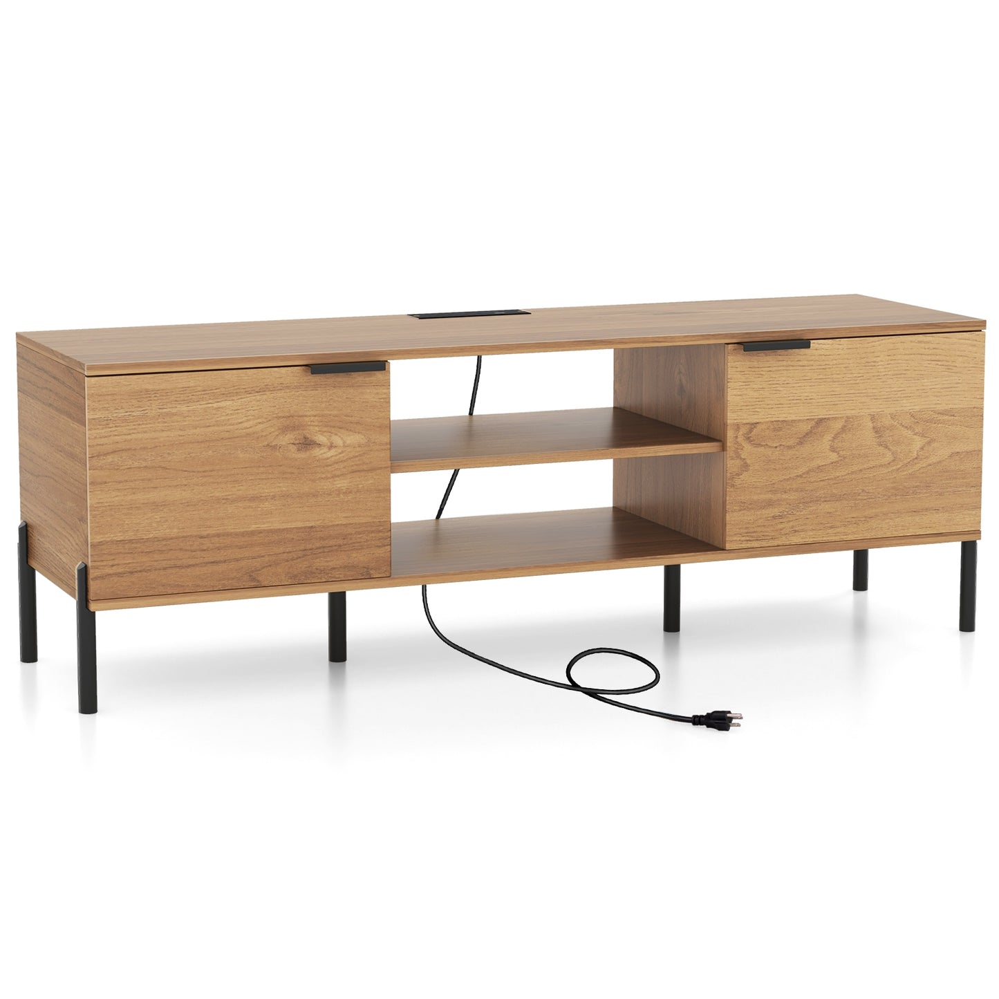 Contemporary Media Console with Power Outlets, Cabinets, and Open Shelving for 65 Inch TVs