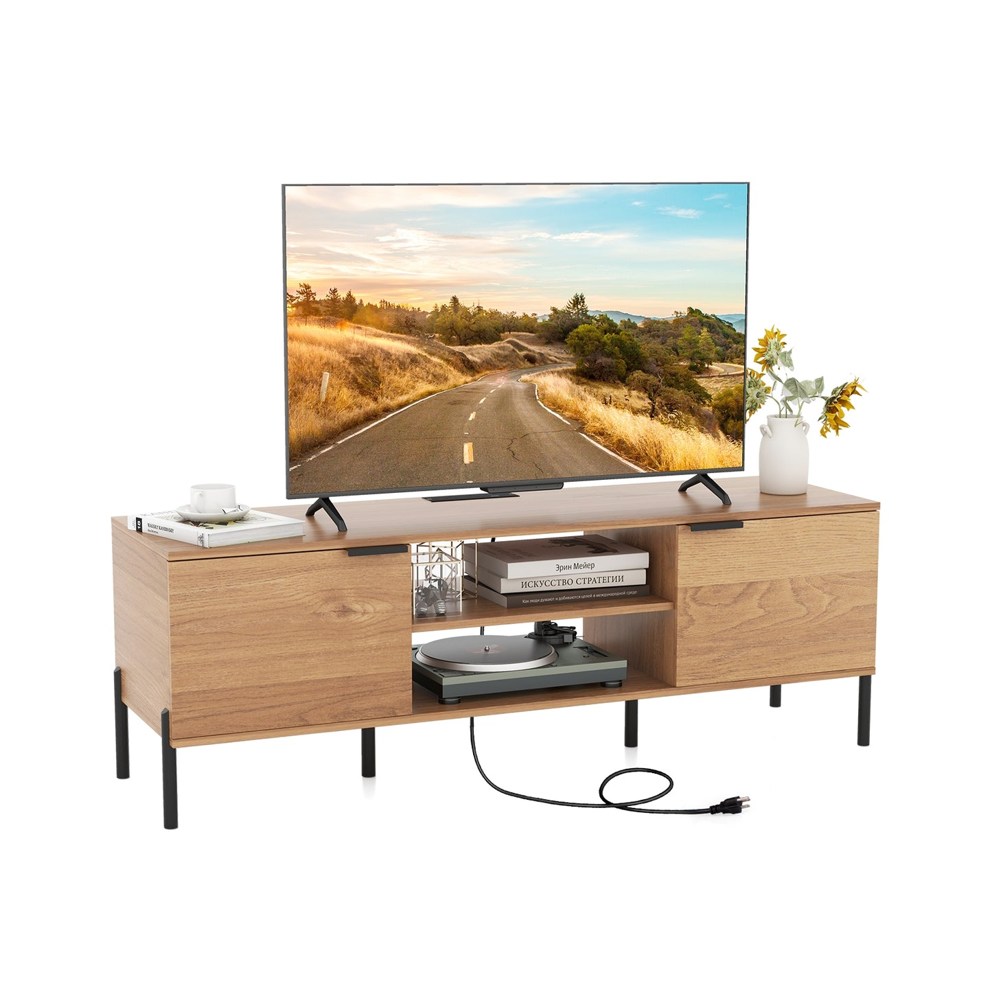 Contemporary Media Console with Power Outlets, Cabinets, and Open Shelving for 65 Inch TVs
