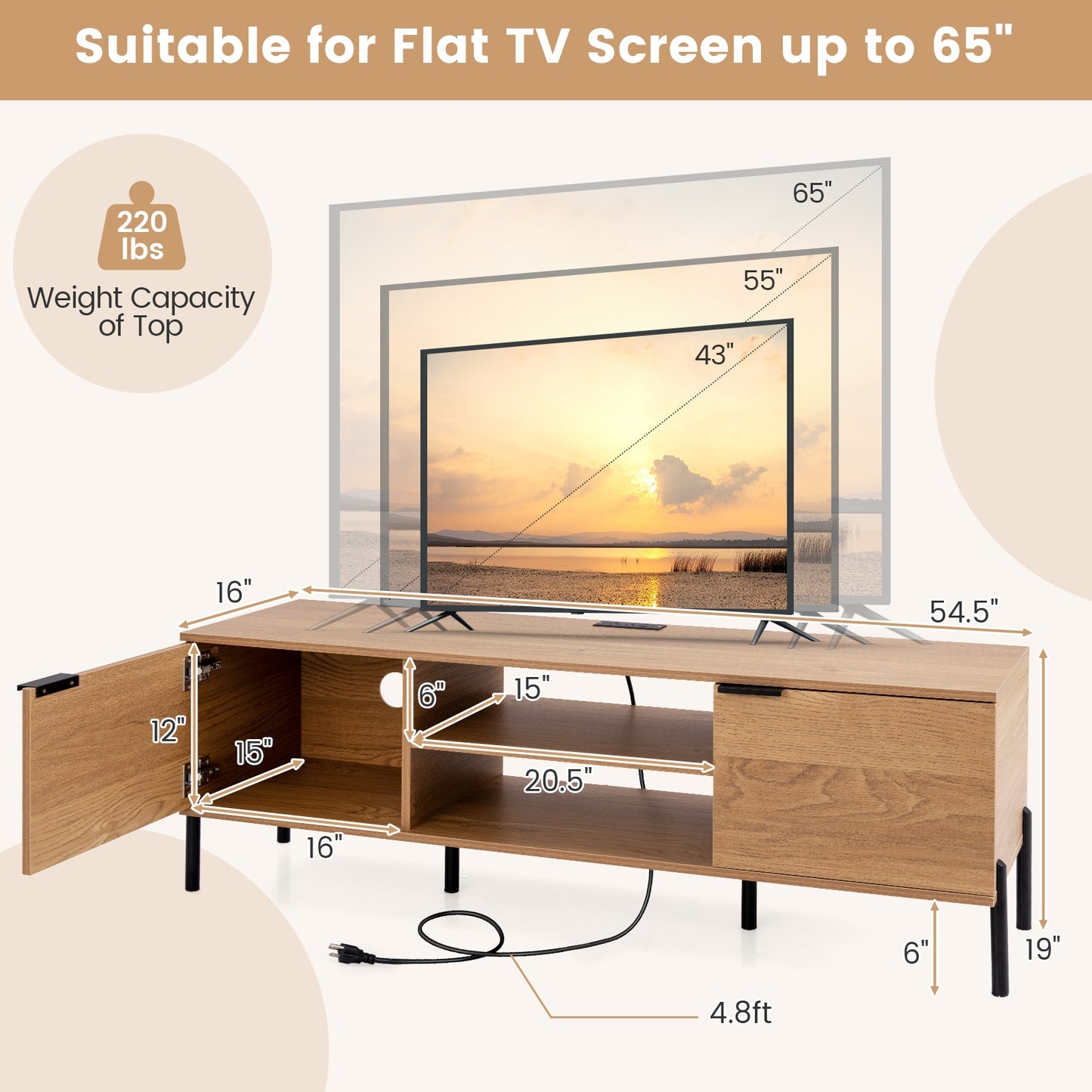 Contemporary Media Console with Power Outlets, Cabinets, and Open Shelving for 65 Inch TVs