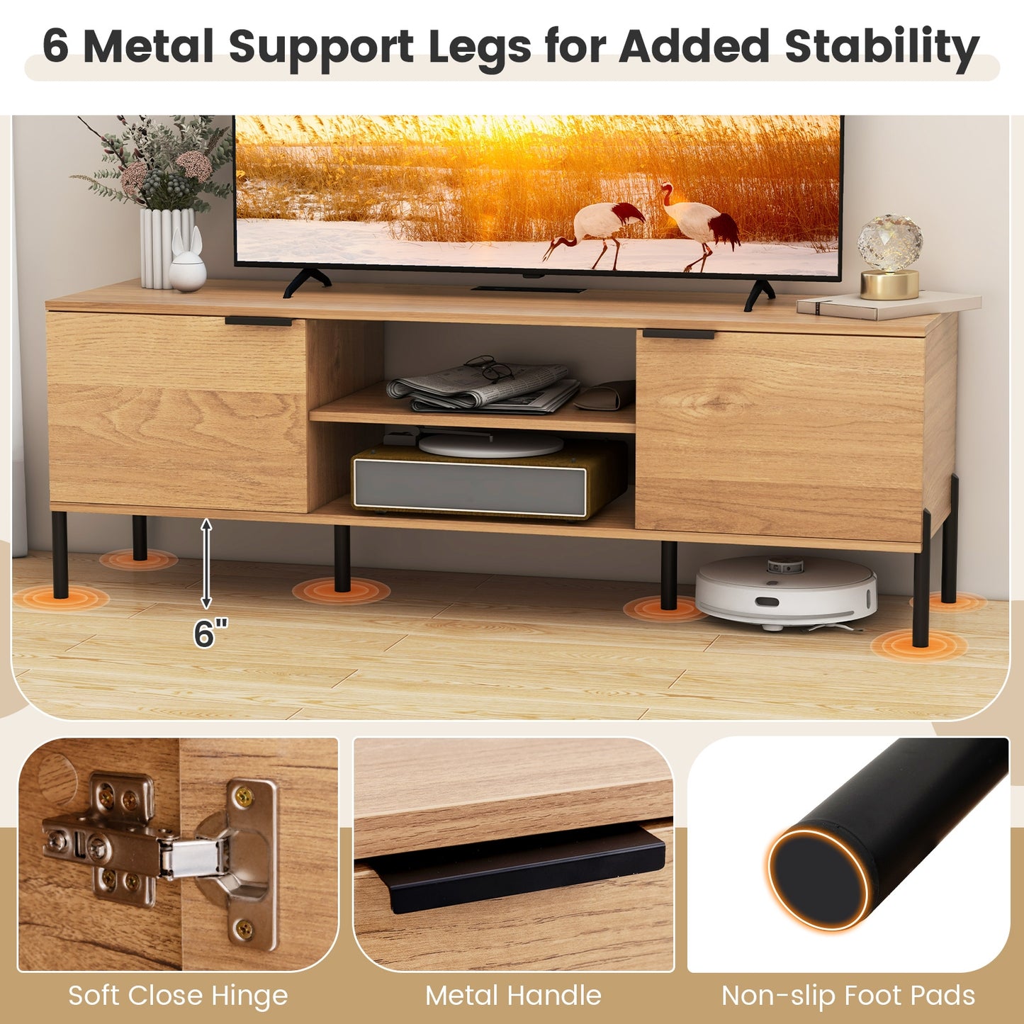 Contemporary Media Console with Power Outlets, Cabinets, and Open Shelving for 65 Inch TVs