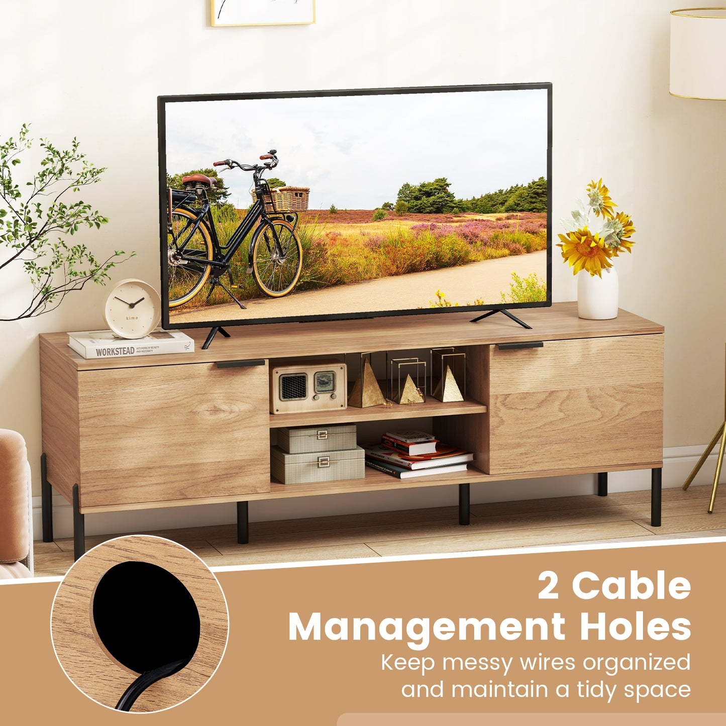Contemporary Media Console with Power Outlets, Cabinets, and Open Shelving for 65 Inch TVs