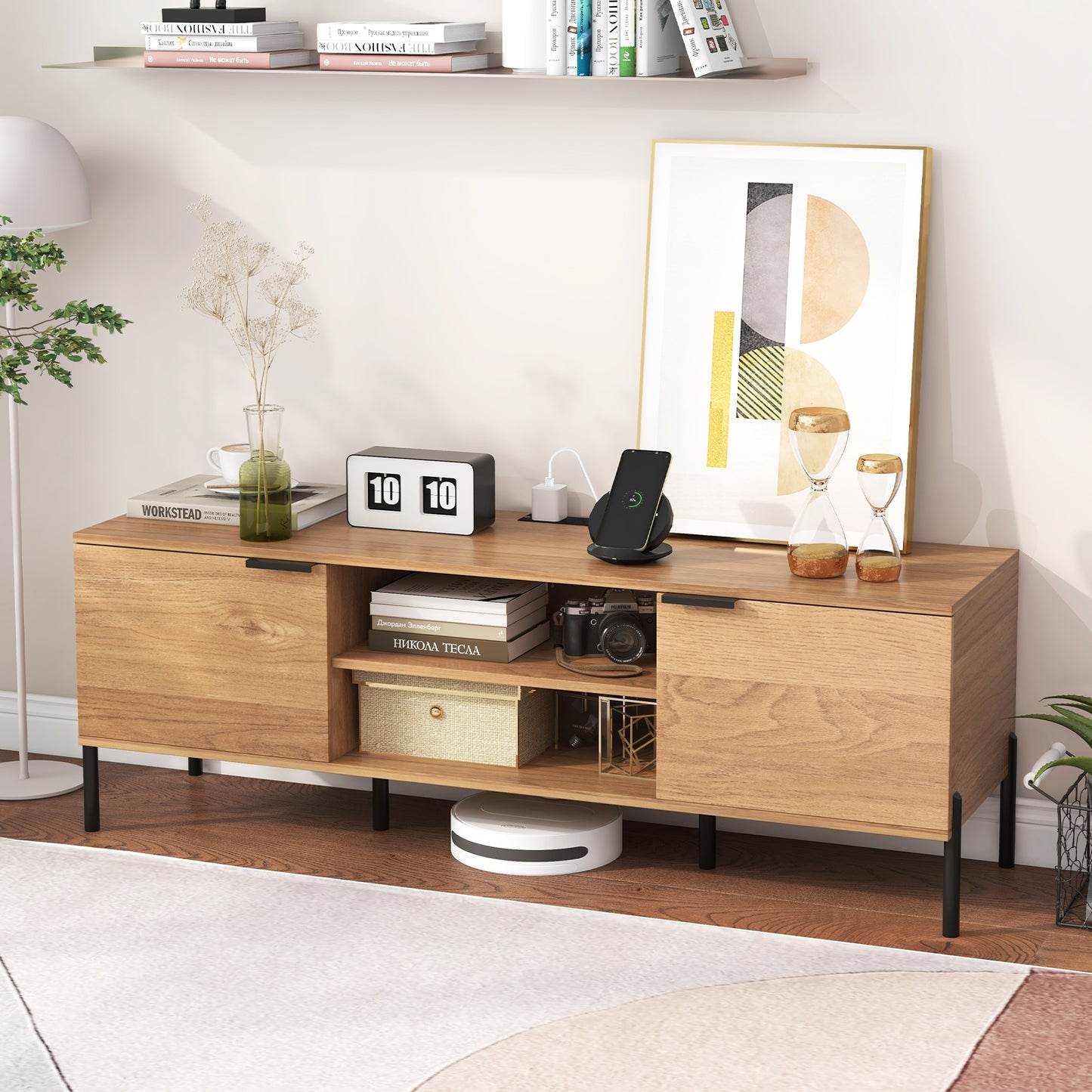 Contemporary Media Console with Power Outlets, Cabinets, and Open Shelving for 65 Inch TVs