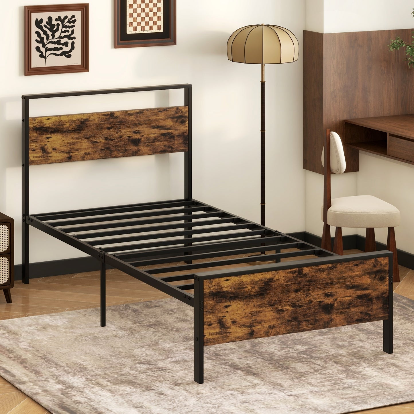 Heavy-Duty Industrial Platform Bed with Wood Headboard and Storage Space, Twin Size