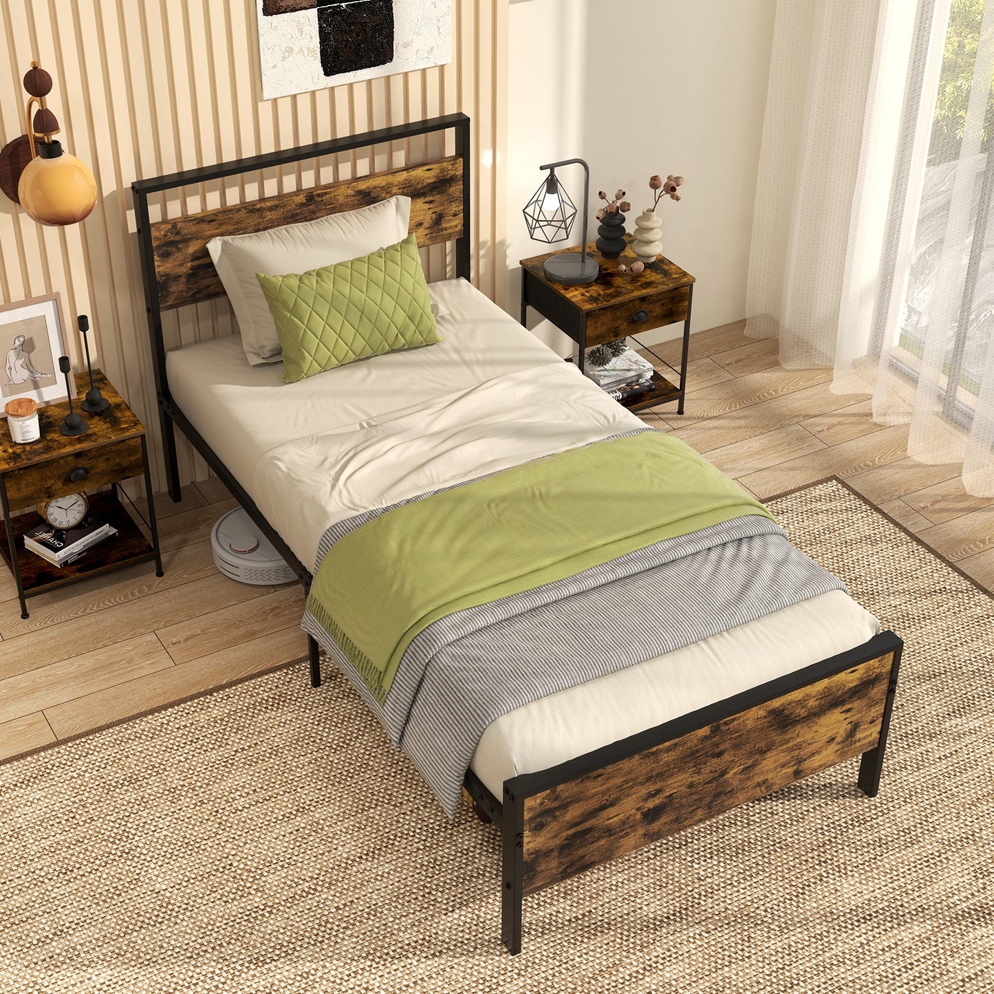 Heavy-Duty Industrial Platform Bed with Wood Headboard and Storage Space, Twin Size