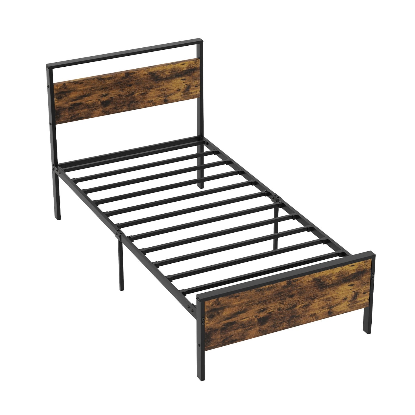 Heavy-Duty Industrial Platform Bed with Wood Headboard and Storage Space, Twin Size