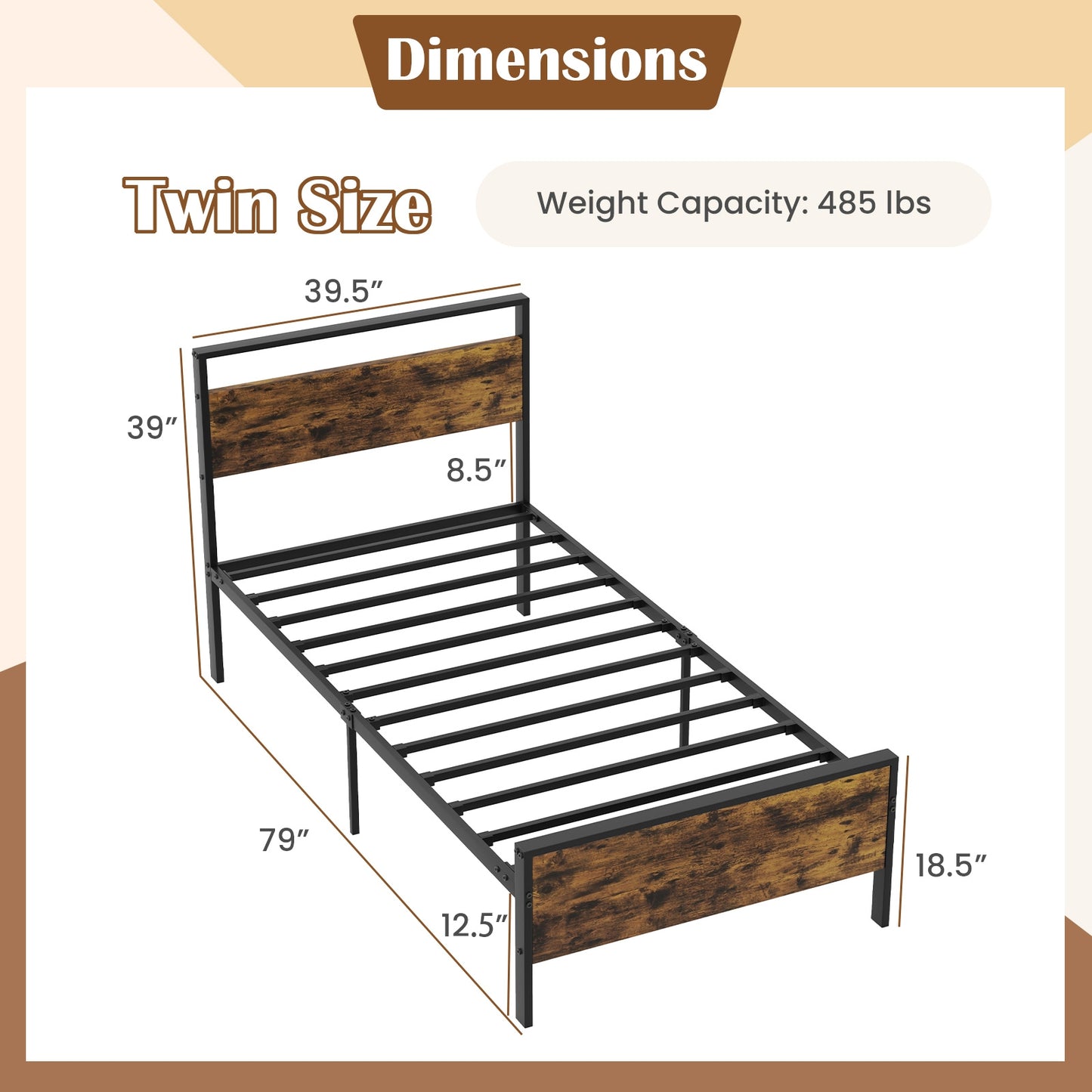Heavy-Duty Industrial Platform Bed with Wood Headboard and Storage Space, Twin Size