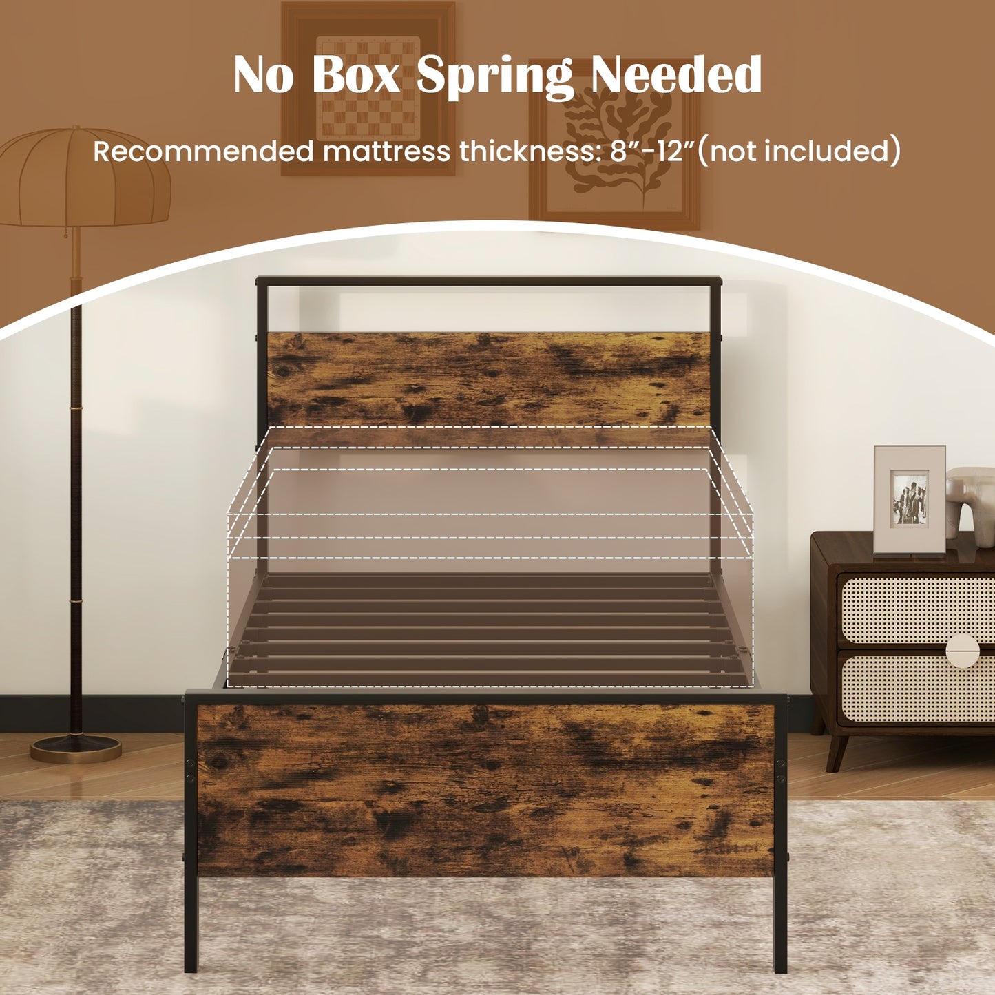 Heavy-Duty Industrial Platform Bed with Wood Headboard and Storage Space, Twin Size