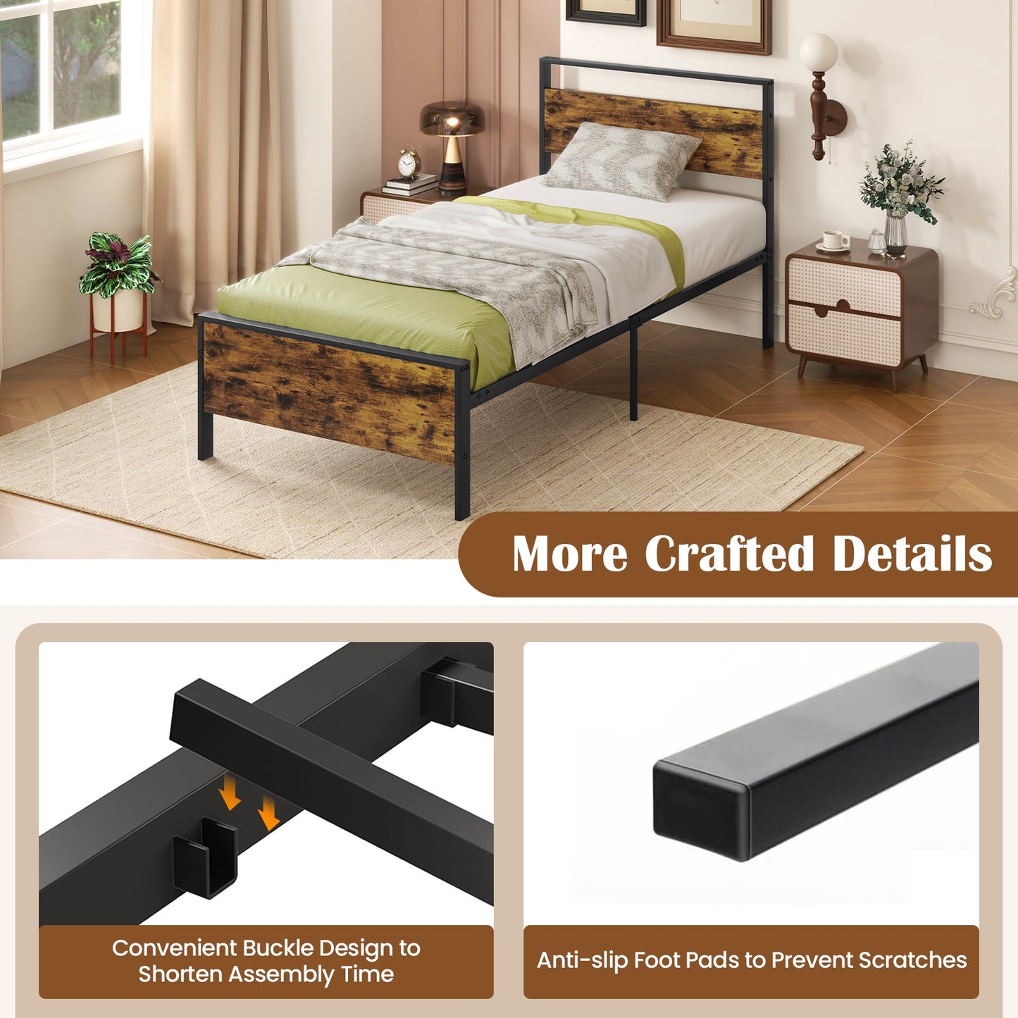 Heavy-Duty Industrial Platform Bed with Wood Headboard and Storage Space, Twin Size