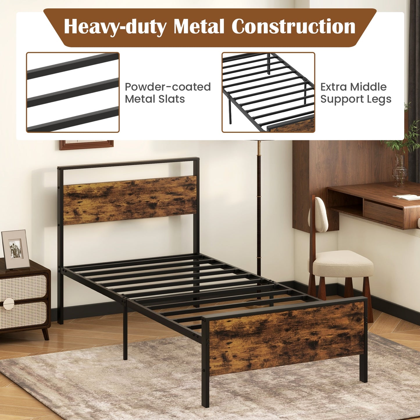 Heavy-Duty Industrial Platform Bed with Wood Headboard and Storage Space, Twin Size