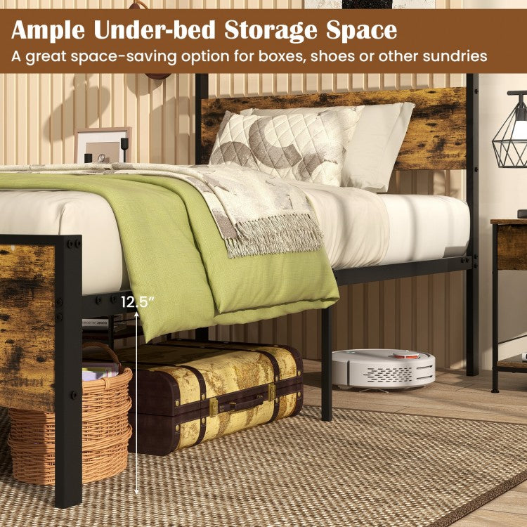 Heavy-Duty Industrial Platform Bed with Wood Headboard and Storage Space, Twin Size