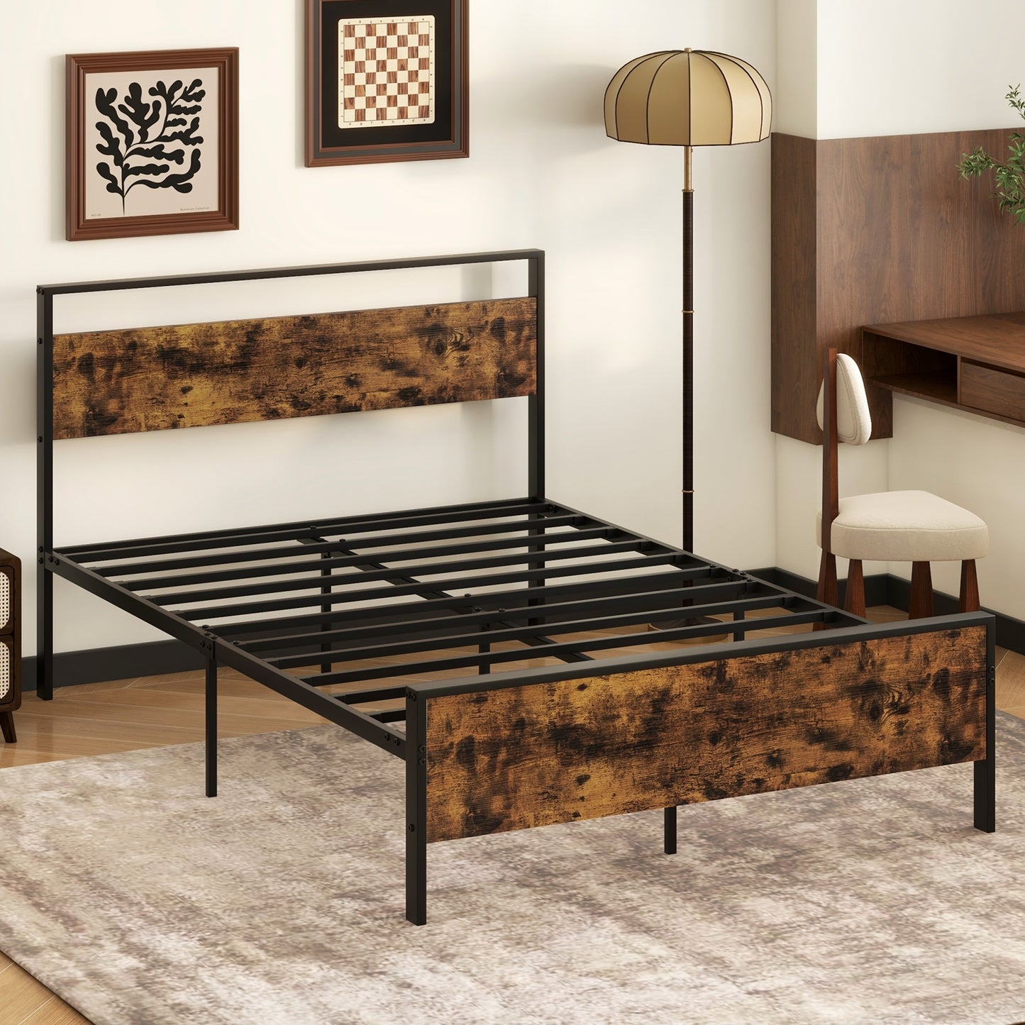 Heavy-Duty Industrial Platform Bed with Wood Headboard and Storage Space, Full Size