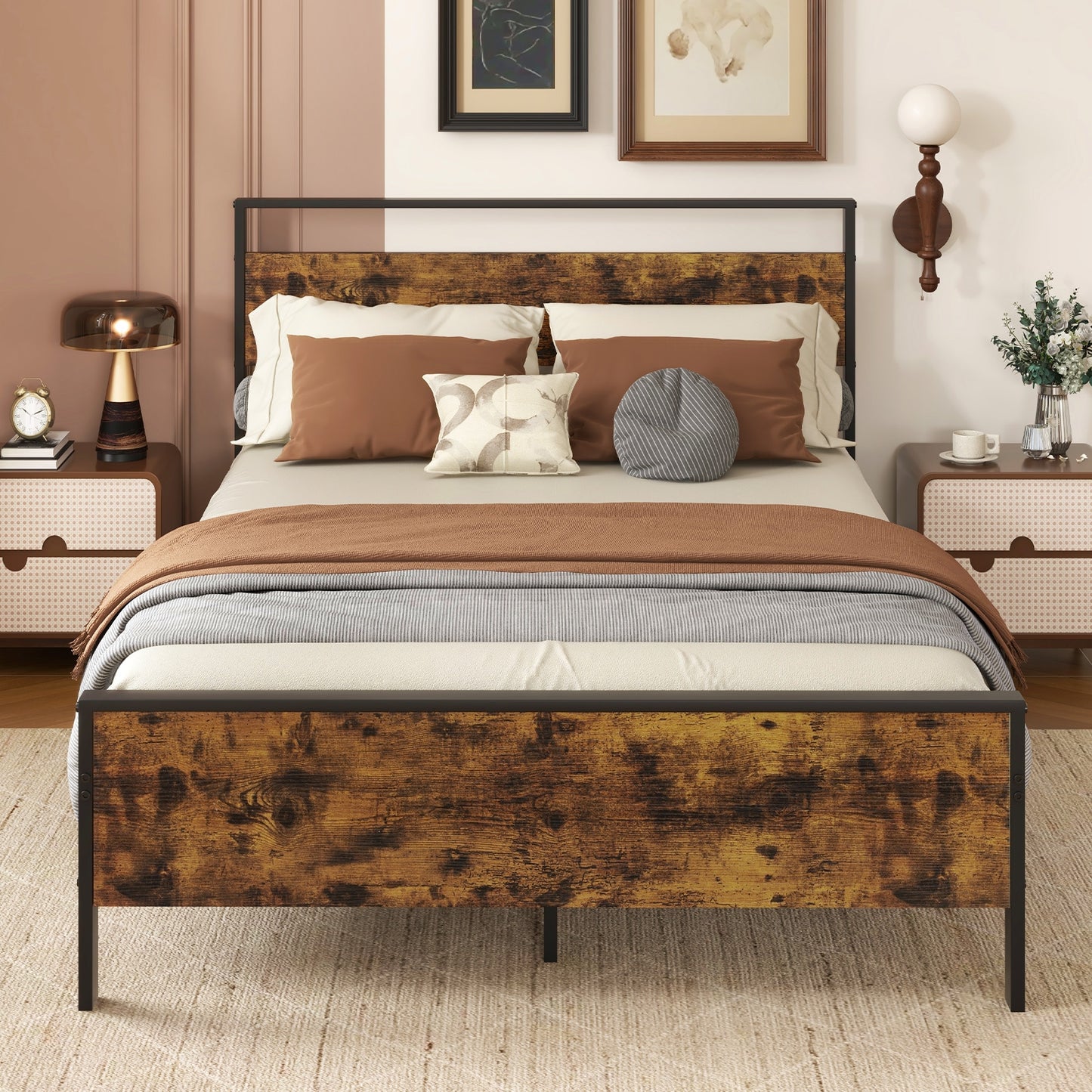 Heavy-Duty Industrial Platform Bed with Wood Headboard and Storage Space, Full Size